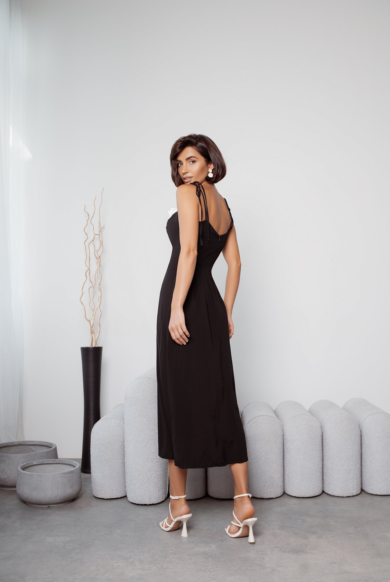 Black Strappy Sweetheart Midi Dress - back view | ELAGIA