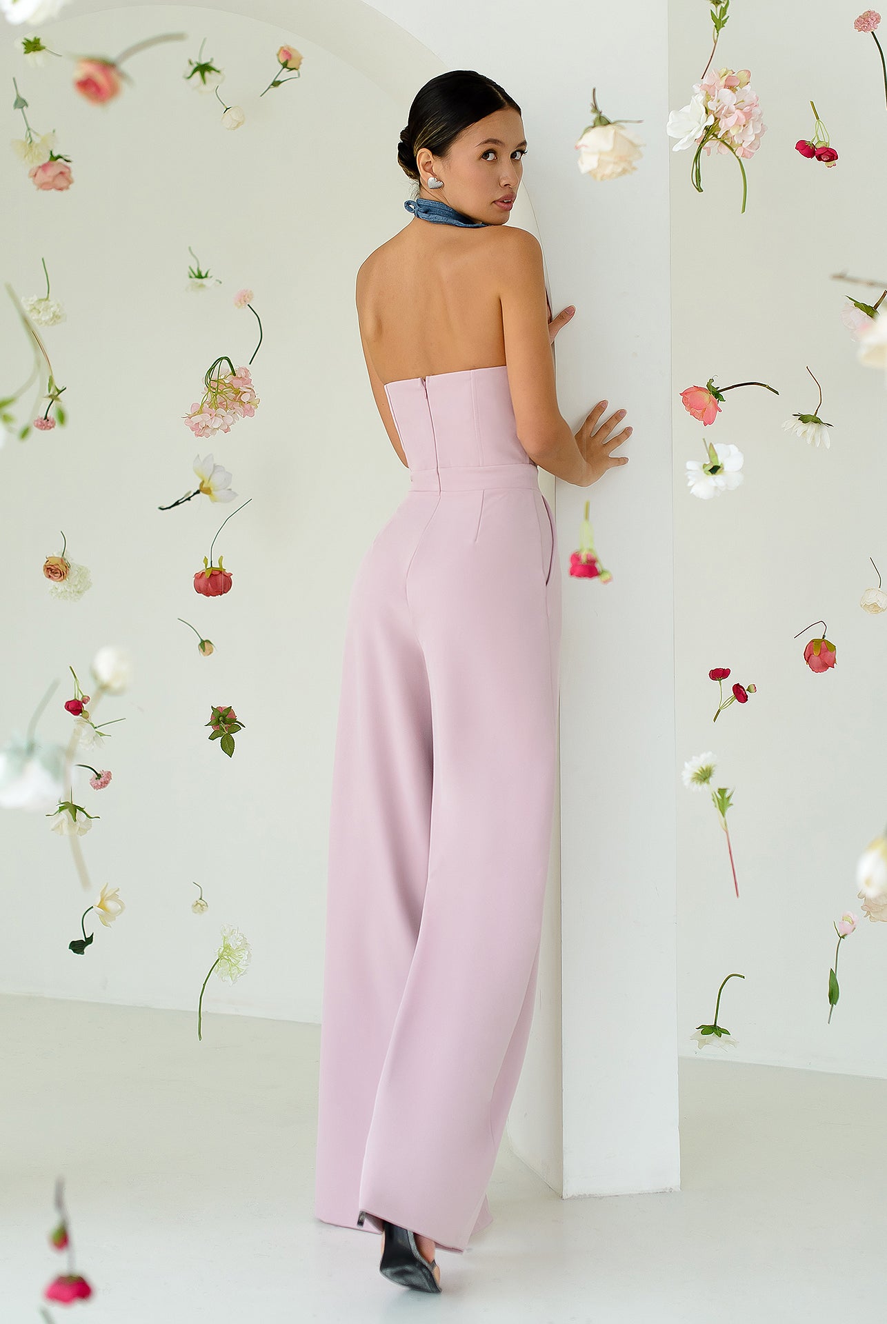ELAGIA dusty pink strapless v-neck jumpsuit back view - pink suit showing rear design and tailored fit