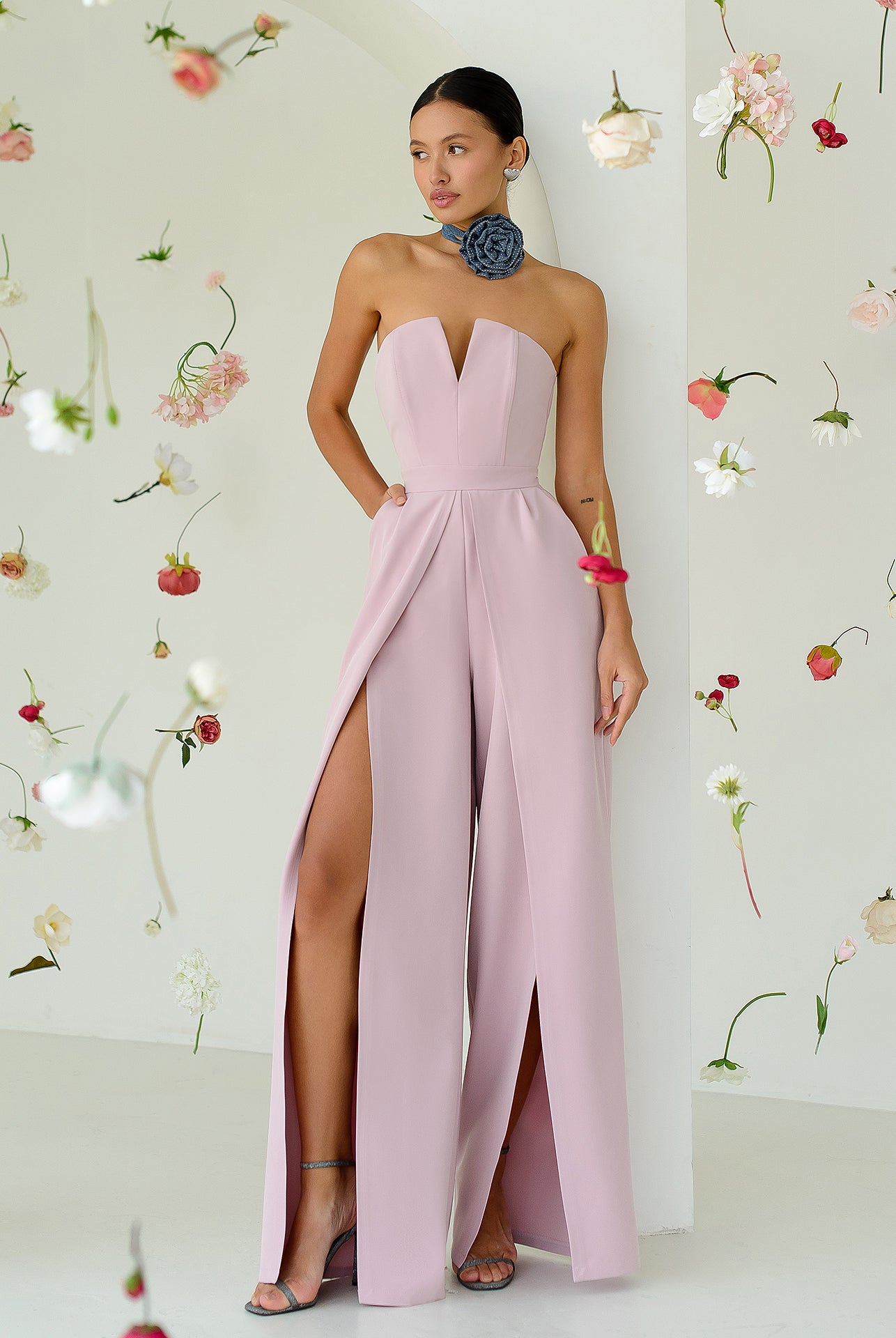 ELAGIA dusty pink strapless v-neck jumpsuit front view - hot pink suit womens style with wide leg silhouette