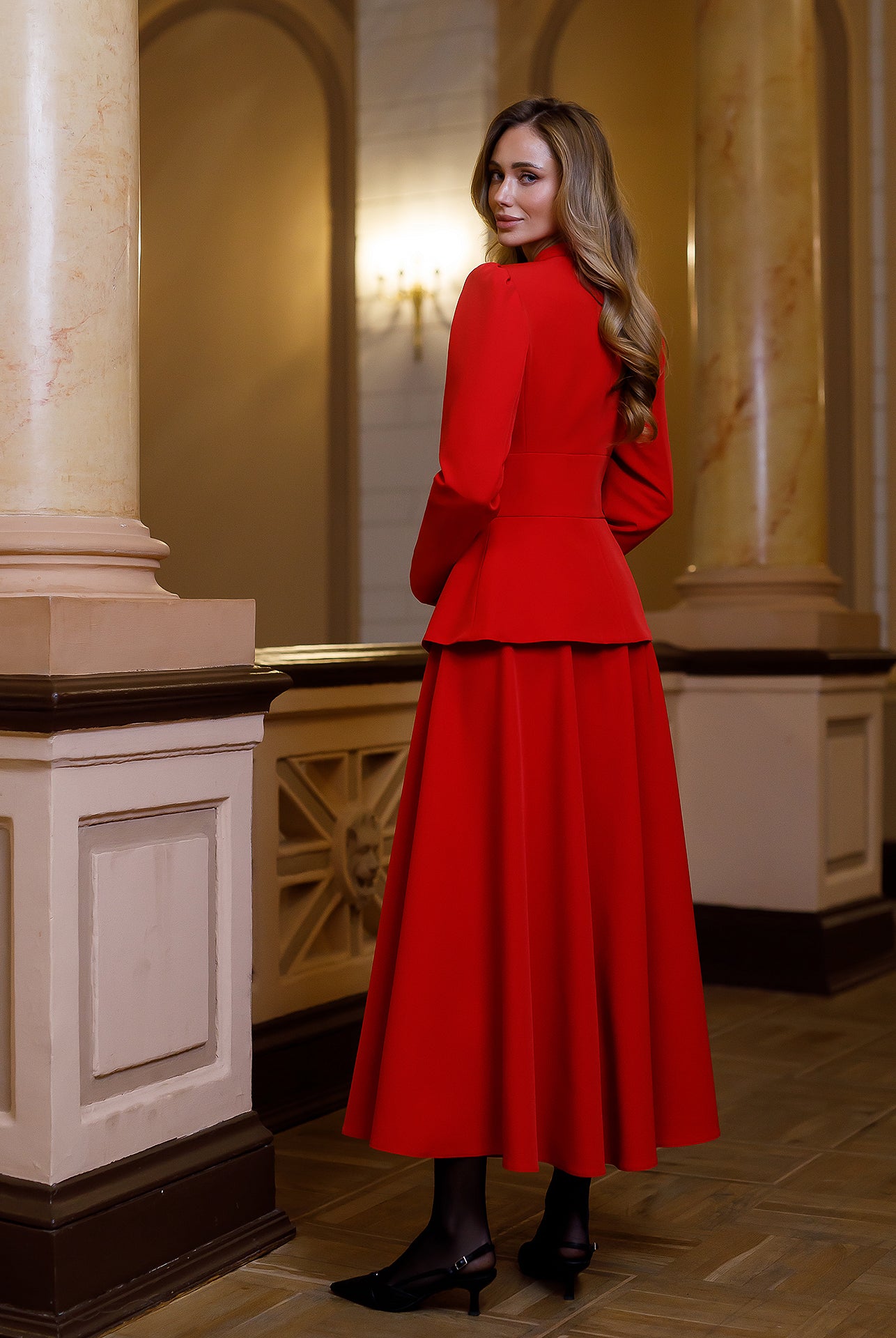 Stella Red Collarless Jacket Midi Skirt Suit 2-Piece - side view | ELAGIA