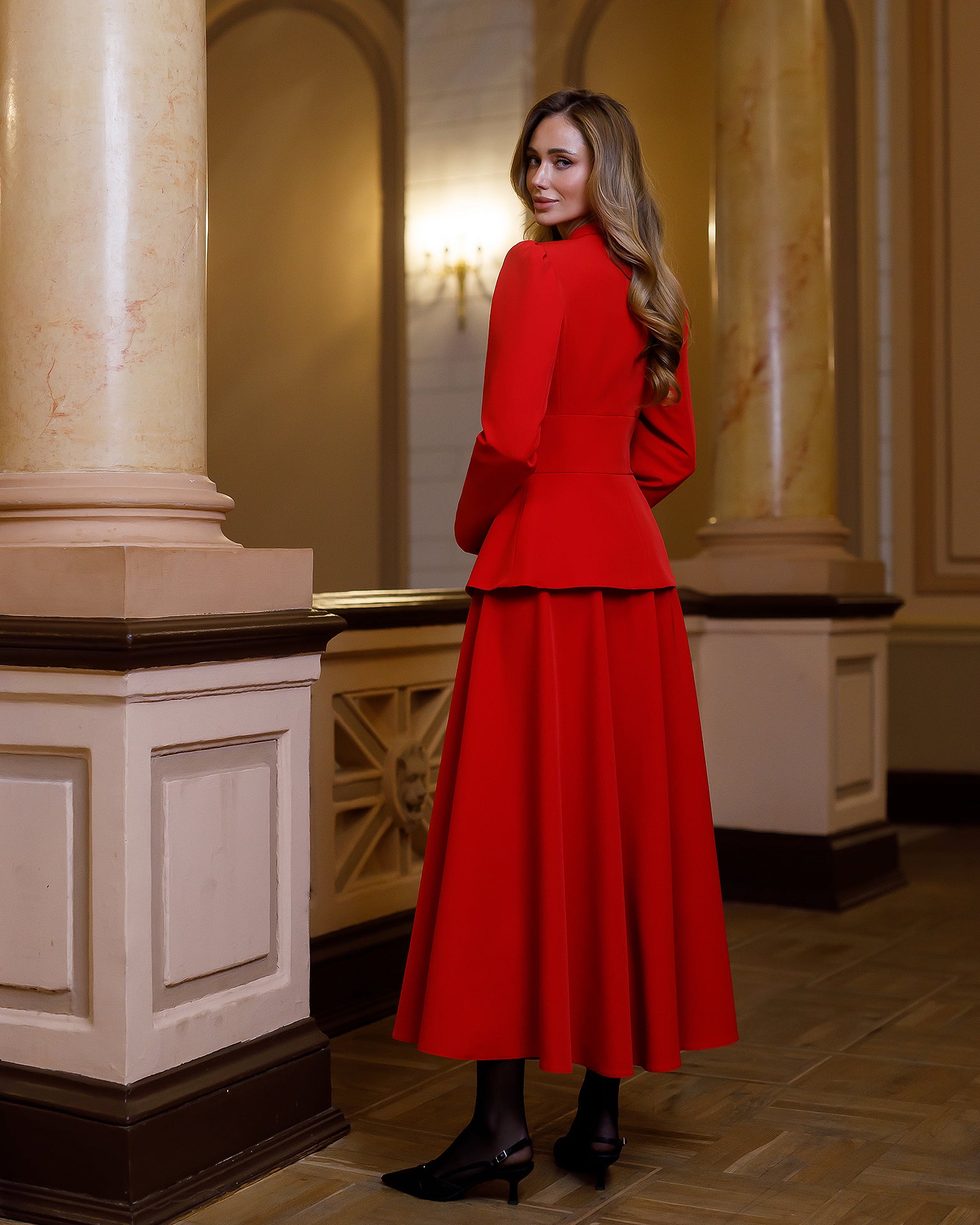 Stella Red Collarless Jacket Midi Skirt Suit 2-Piece - side view | ELAGIA