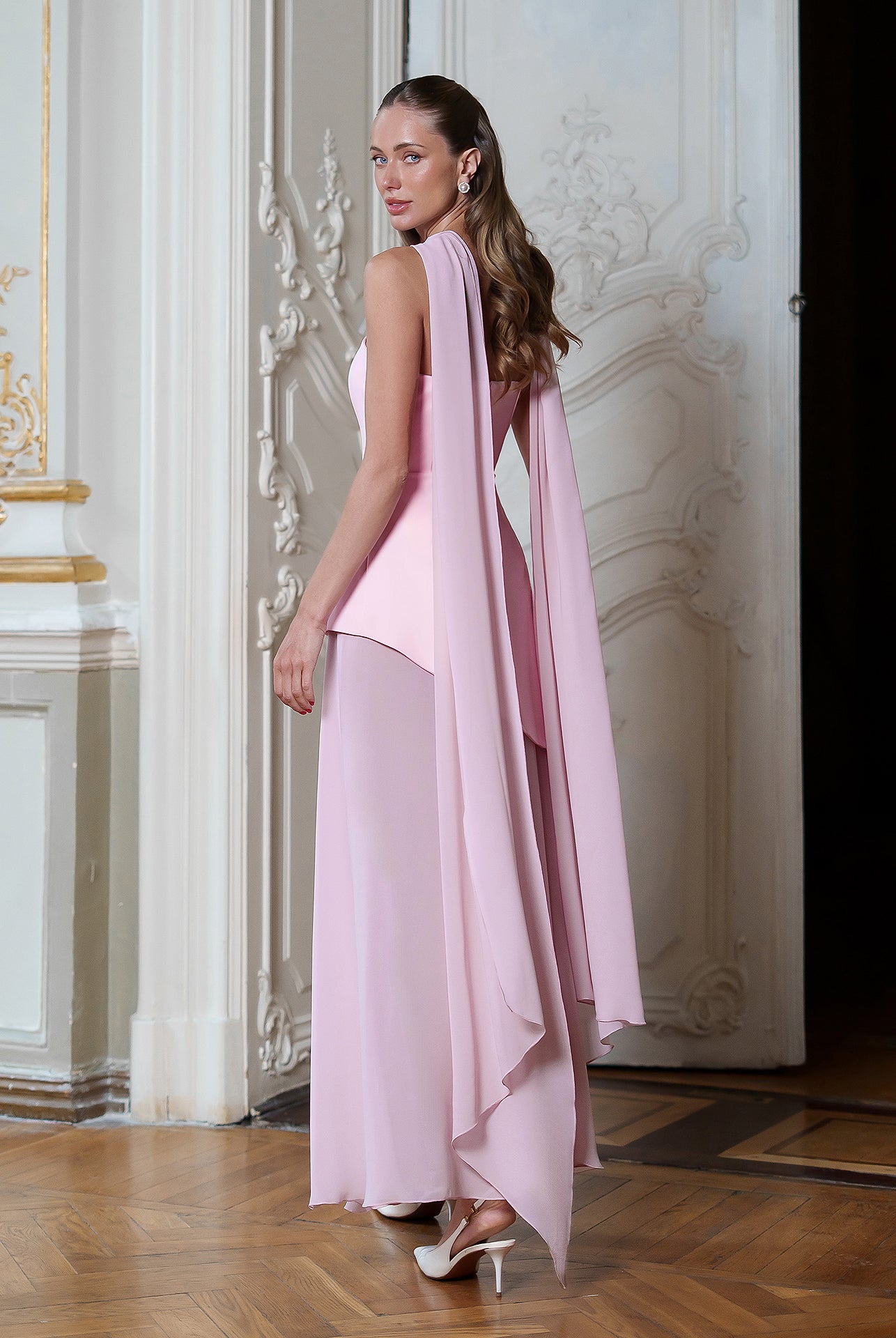 Dusty-Pink Strapless Back Scarf Overskirt Maxi Dress - view 6 | ELAGIA