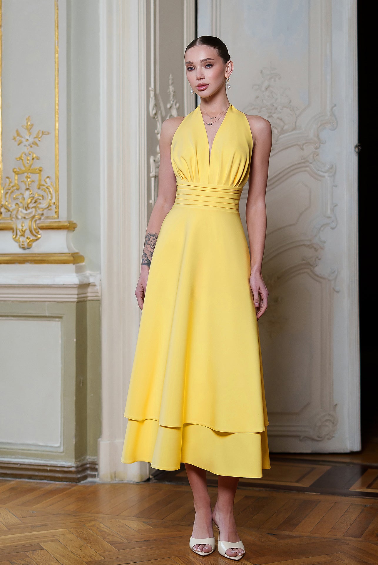 Gloria Yellow Open-Back Halter-Neck Midi Dress - close-up detail | ELAGIA
