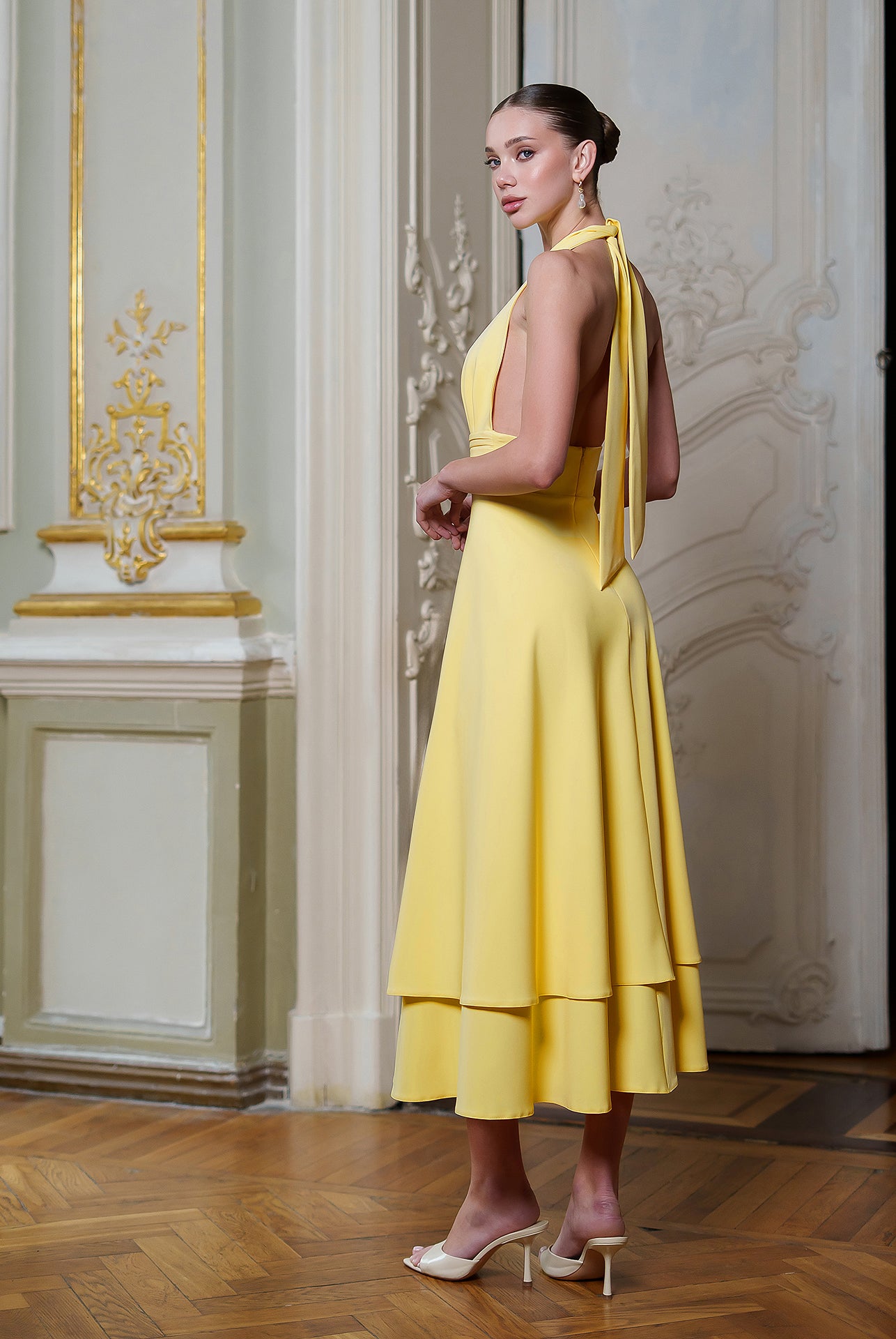 Gloria Yellow Open-Back Halter-Neck Midi Dress - view 6 | ELAGIA