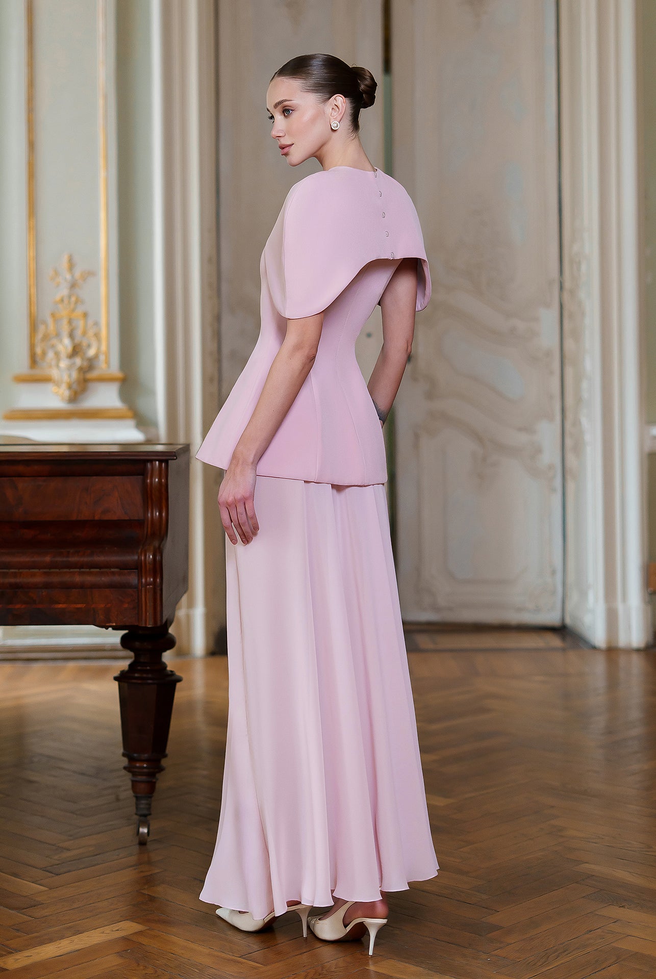 Pink Cape-Detail Peplum Chiffon Skirt Maxi Dress - side view | ELAGIA