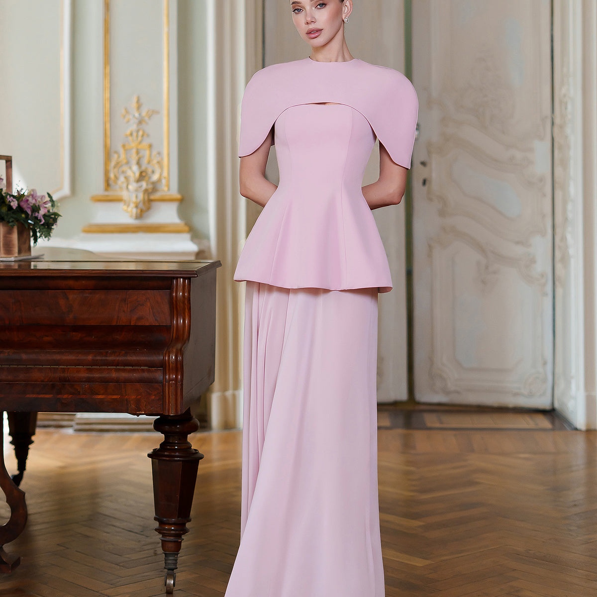 Pink Cape Peplum Chiffon Maxi Dress