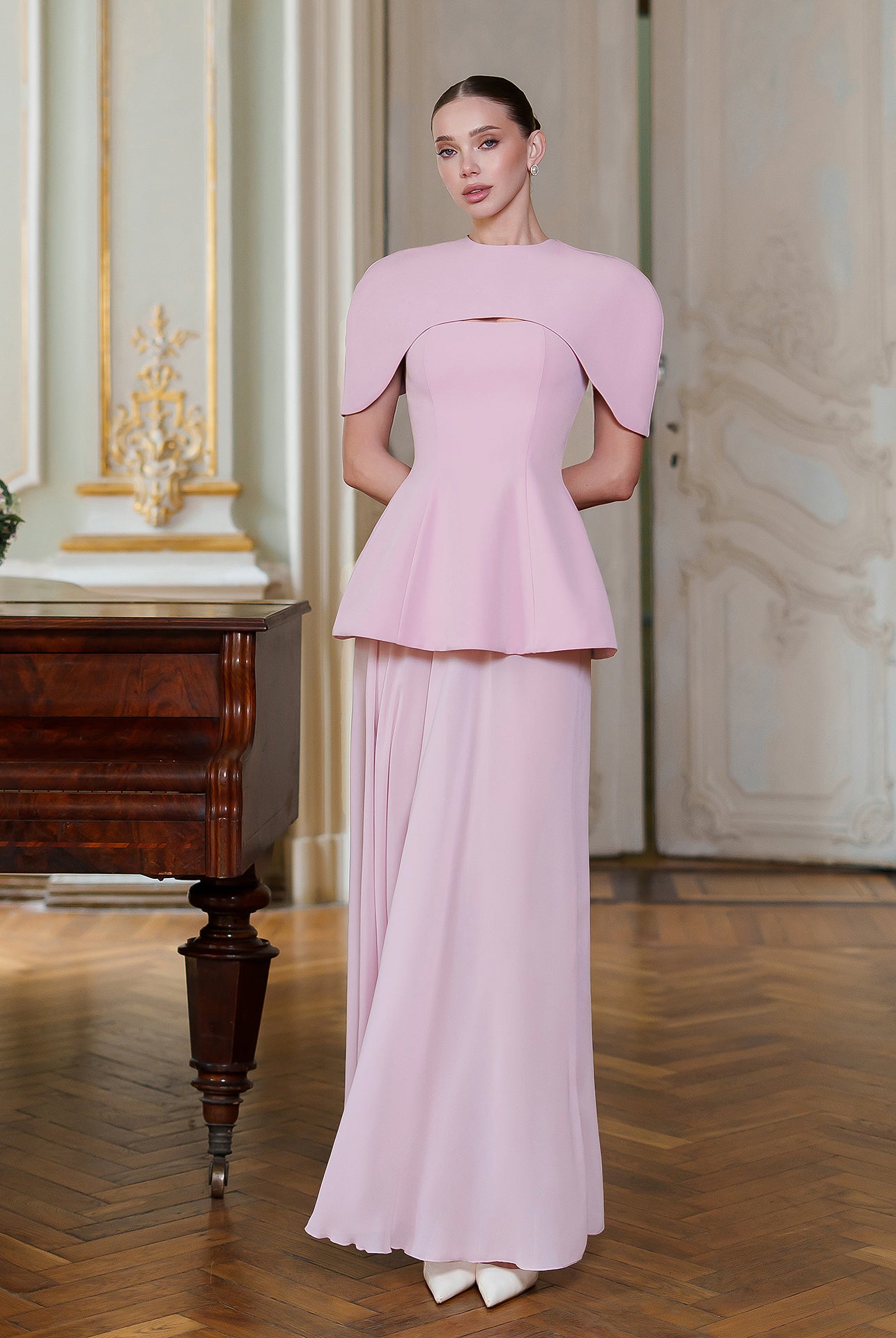 Pink Cape-Detail Peplum Chiffon Skirt Maxi Dress - front view | ELAGIA