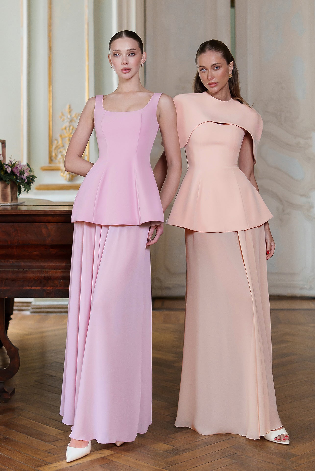Pink Cape-Detail Peplum Chiffon Skirt Maxi Dress - styled look | ELAGIA