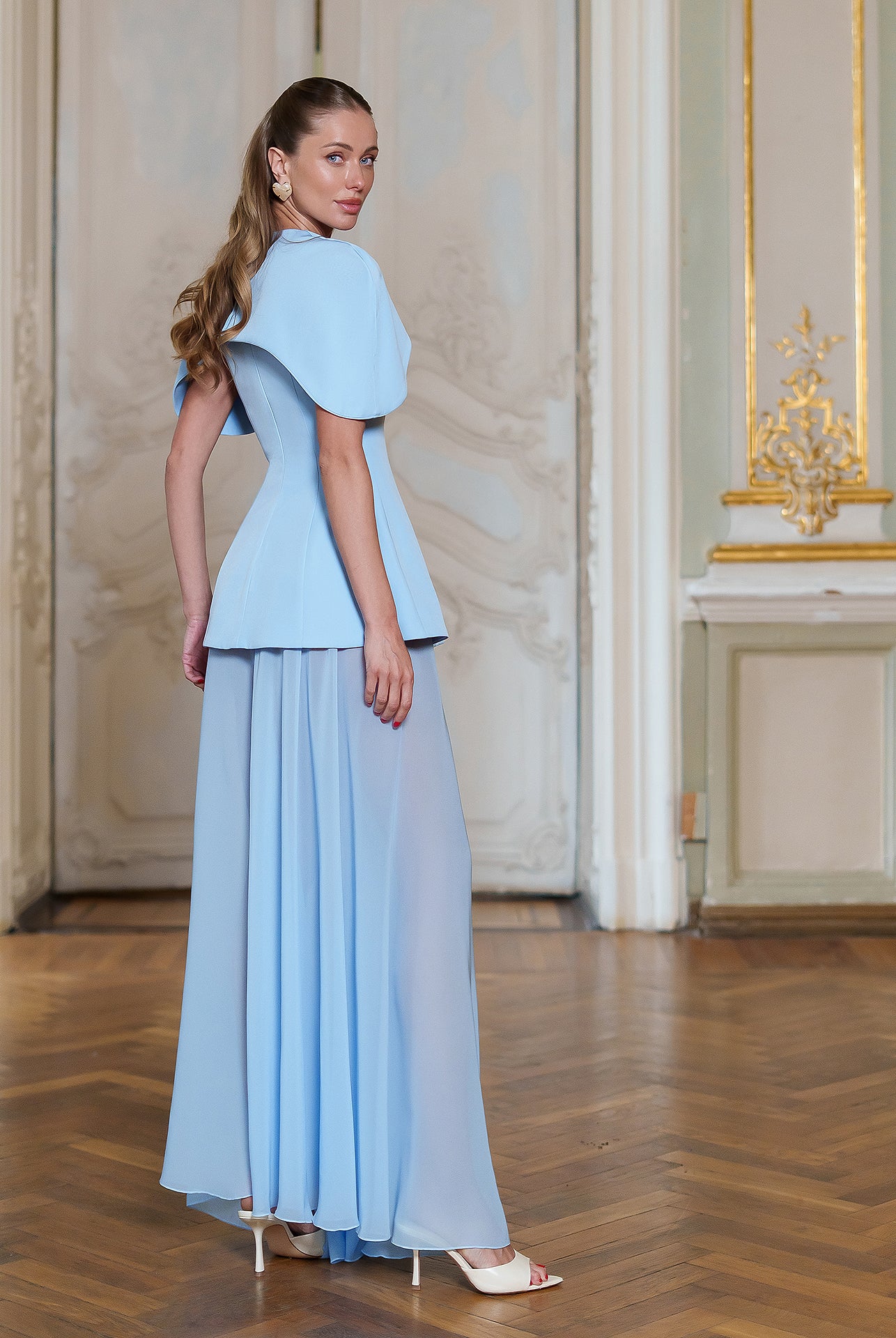 Sky-Blue Cape-Detail Peplum Chiffon Skirt Maxi Dress - side view | ELAGIA
