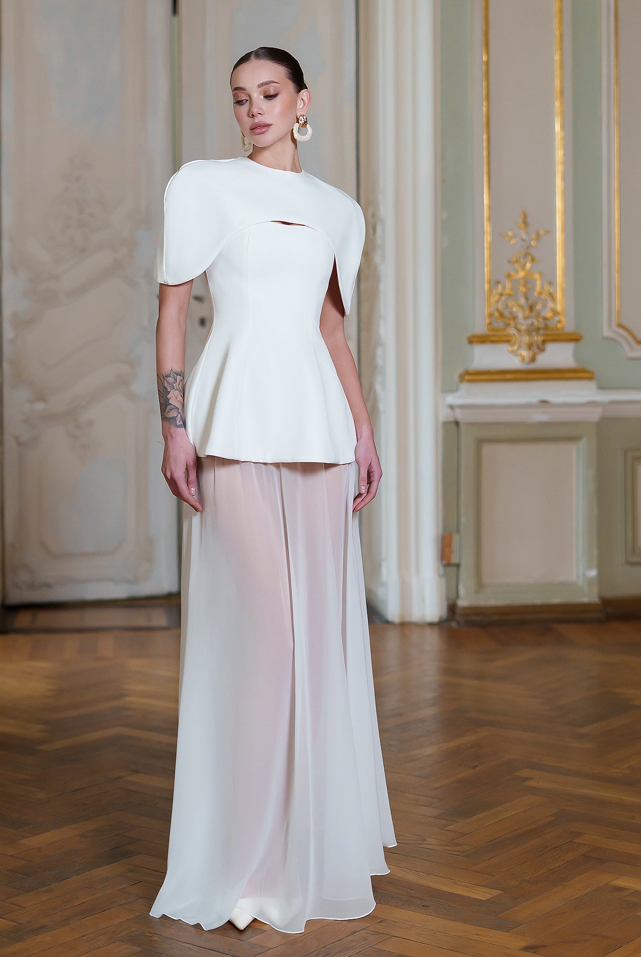 White Cape-Detail Peplum Chiffon Skirt Maxi Dress - front view | ELAGIA