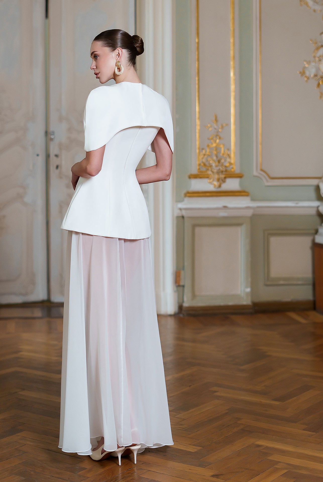 White Cape-Detail Peplum Chiffon Skirt Maxi Dress - side view | ELAGIA