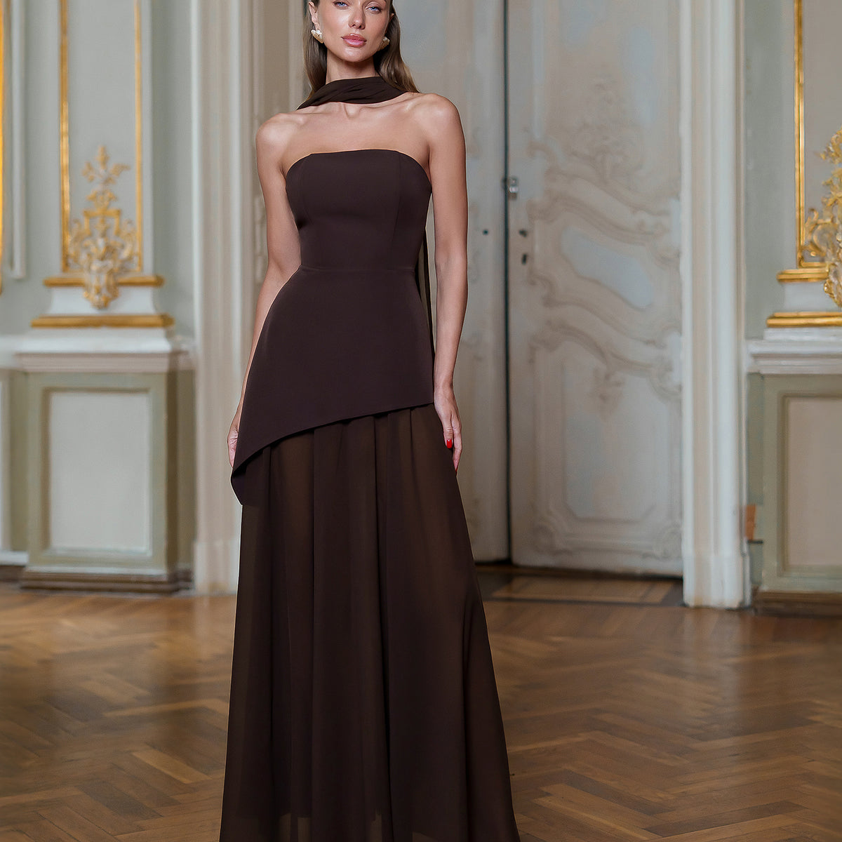 Brown Strapless Scarf Maxi Corseted Dress