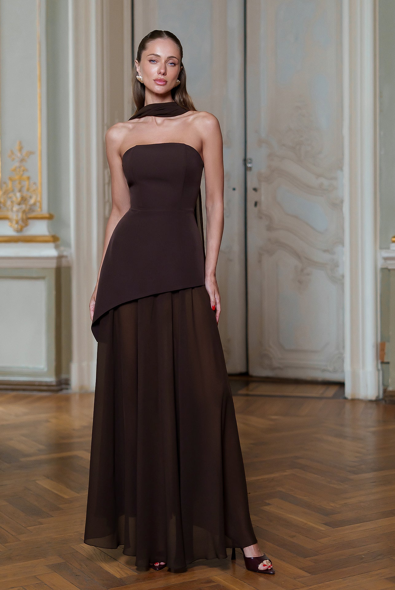 Brown Strapless Back Scarf Overskirt Maxi Dress - front view | ELAGIA