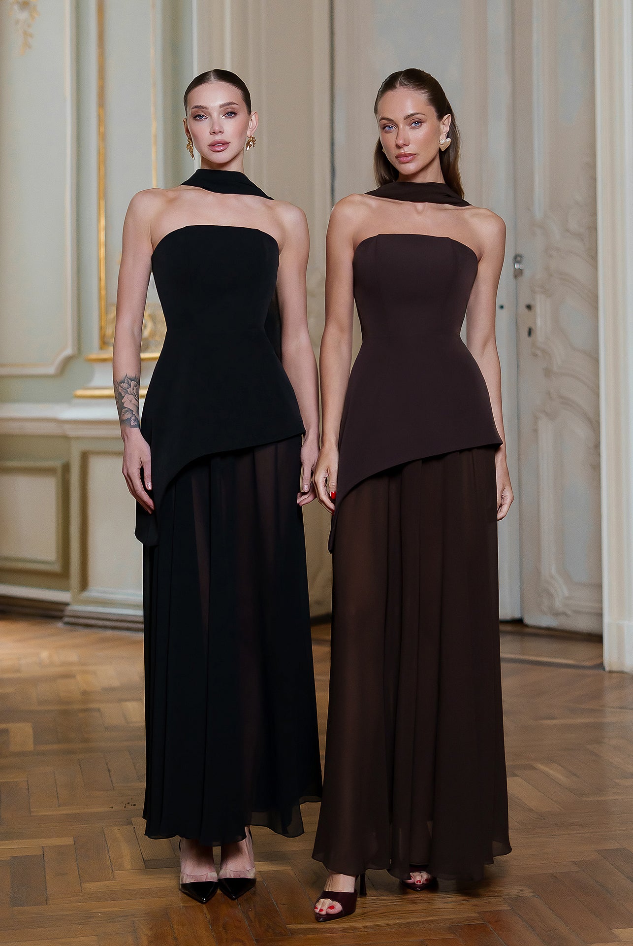 Black Strapless Back Scarf Overskirt Maxi Dress - front view | ELAGIA