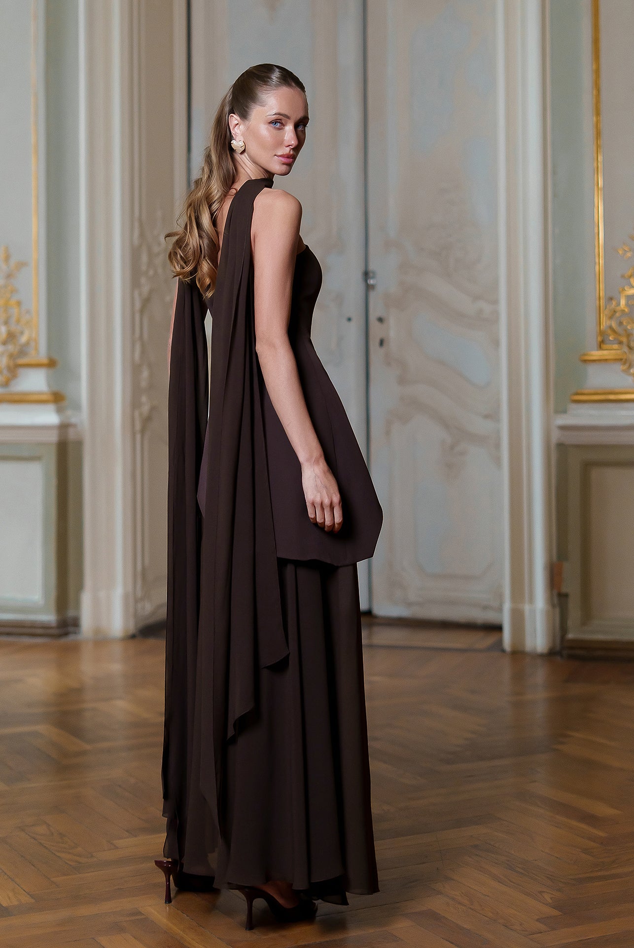 Brown Strapless Back Scarf Overskirt Maxi Dress - side view | ELAGIA