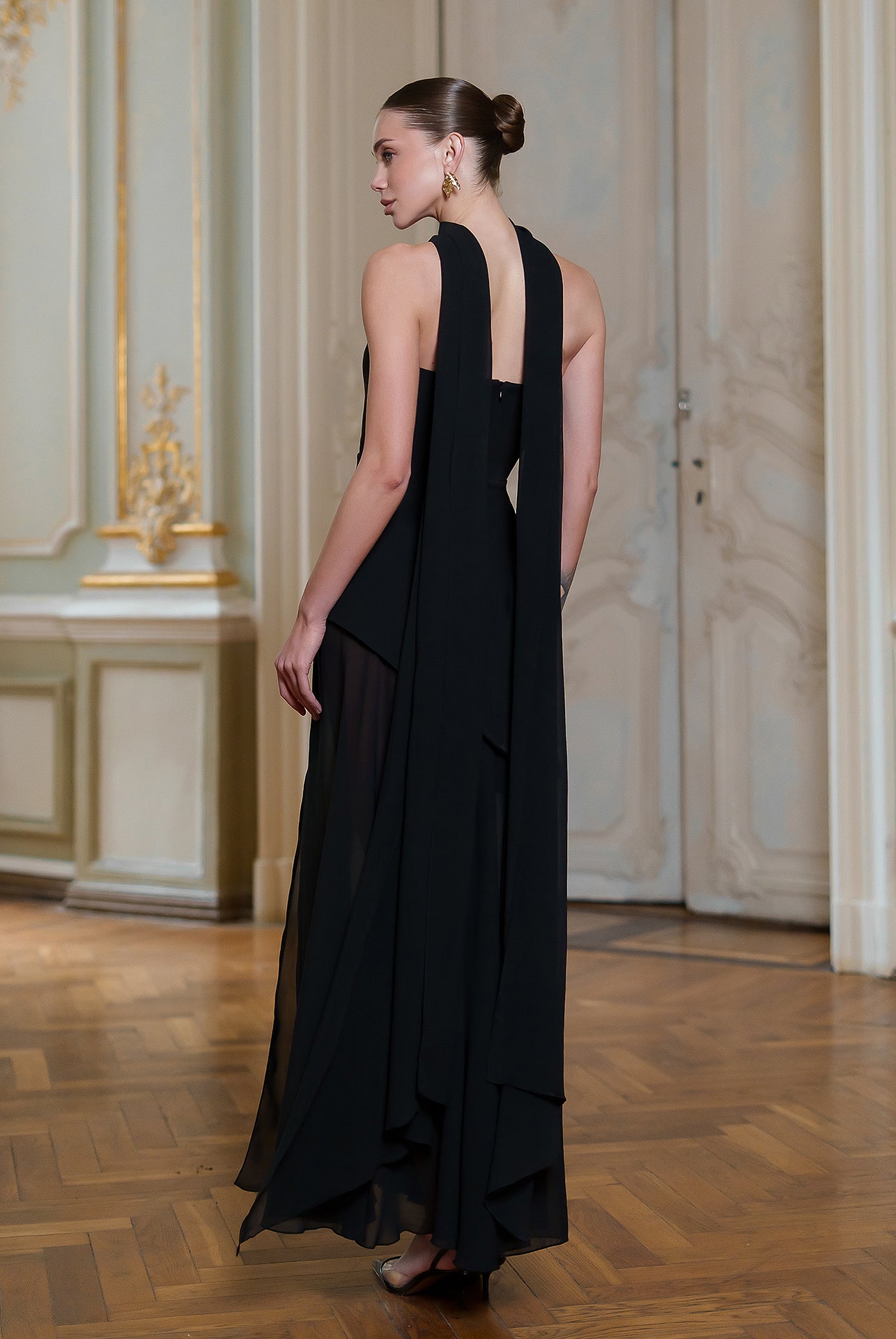 Black Strapless Back Scarf Overskirt Maxi Dress - back view | ELAGIA