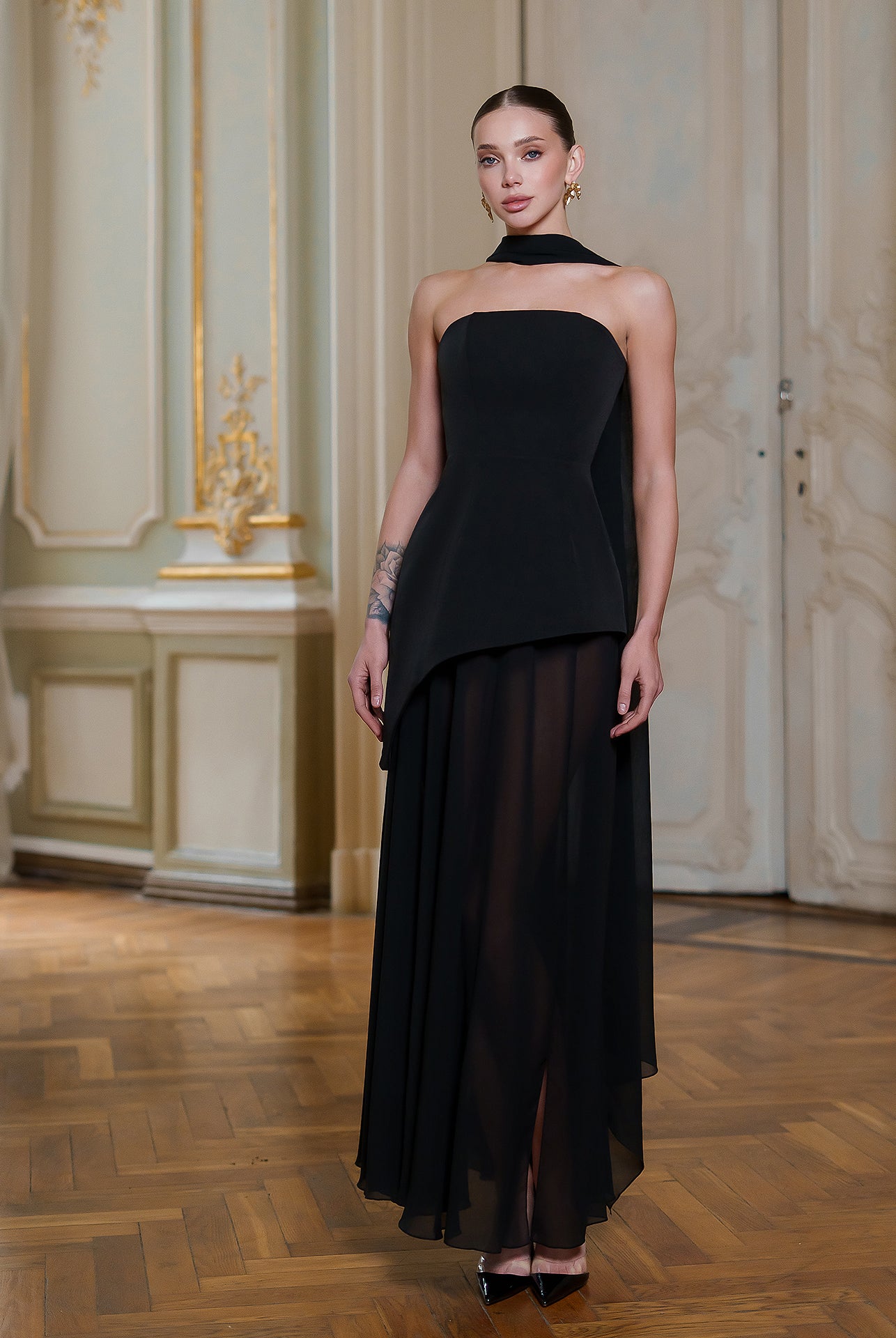 Black Strapless Back Scarf Overskirt Maxi Dress - side view | ELAGIA