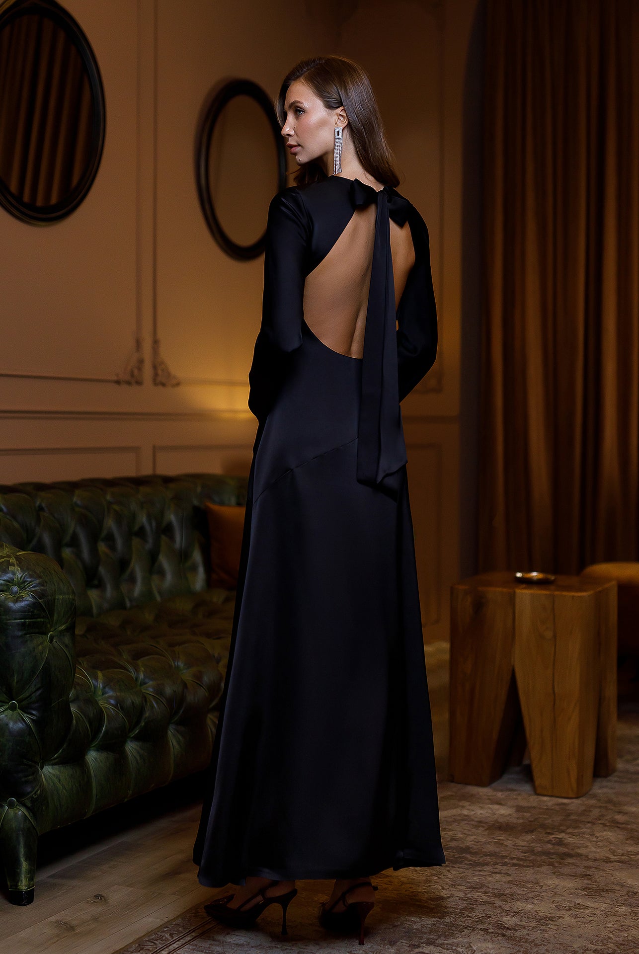 Black Satin Backless Maxi Dress - side view | ELAGIA