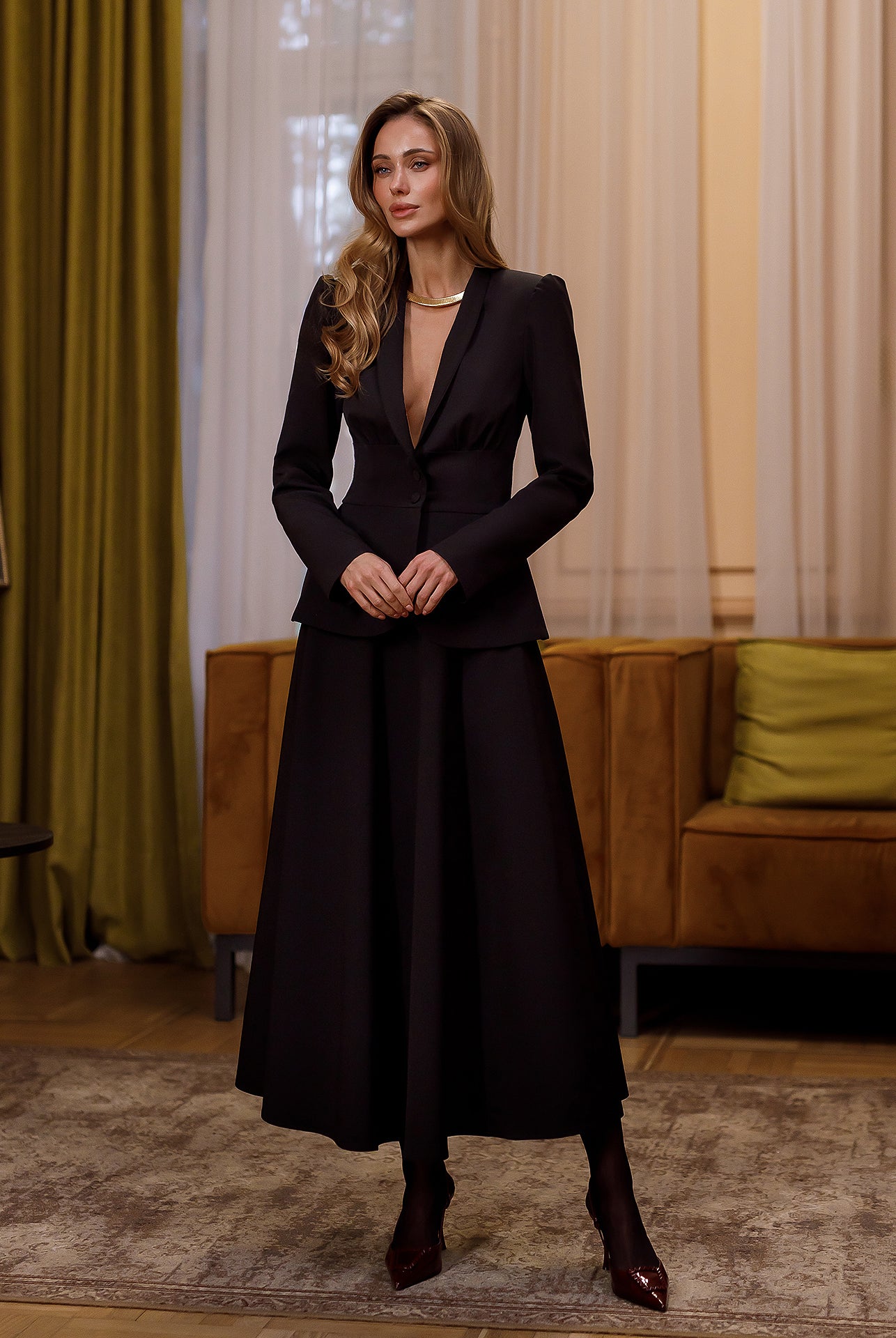 Stella Black Collarless Jacket Midi Skirt Suit 2-Piece - front view | ELAGIA