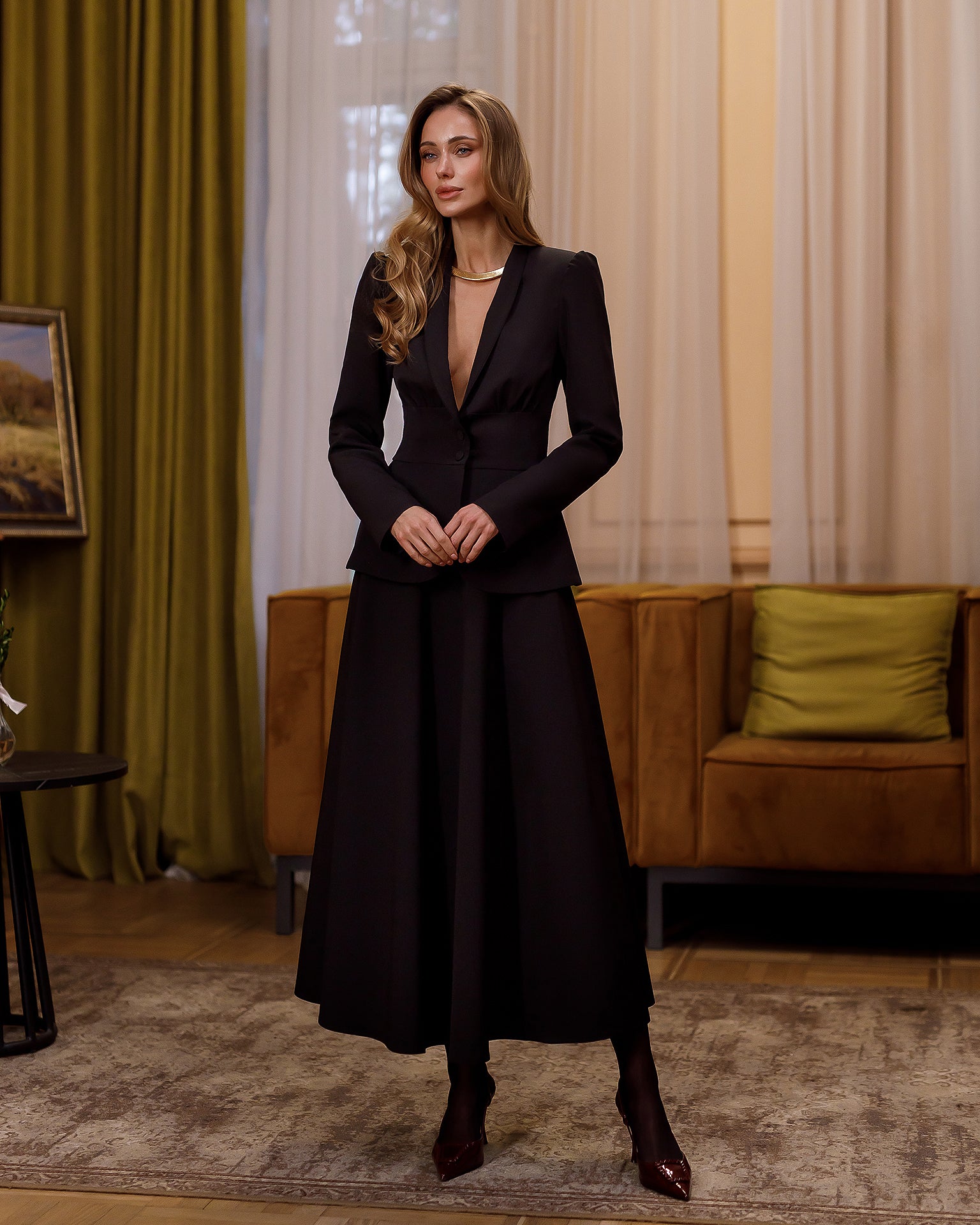 Stella Black Collarless Jacket Midi Skirt Suit 2-Piece - front view | ELAGIA