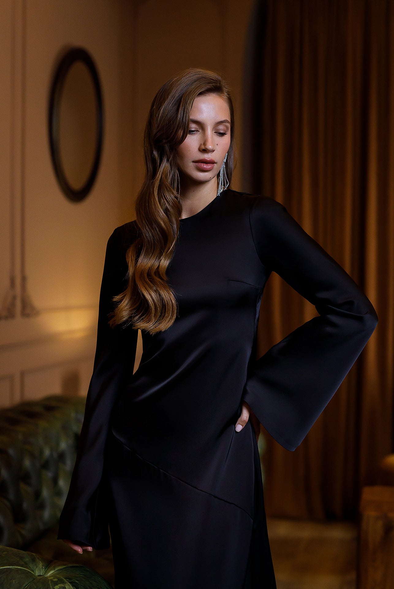 Black Satin Backless Maxi Dress - back view | ELAGIA