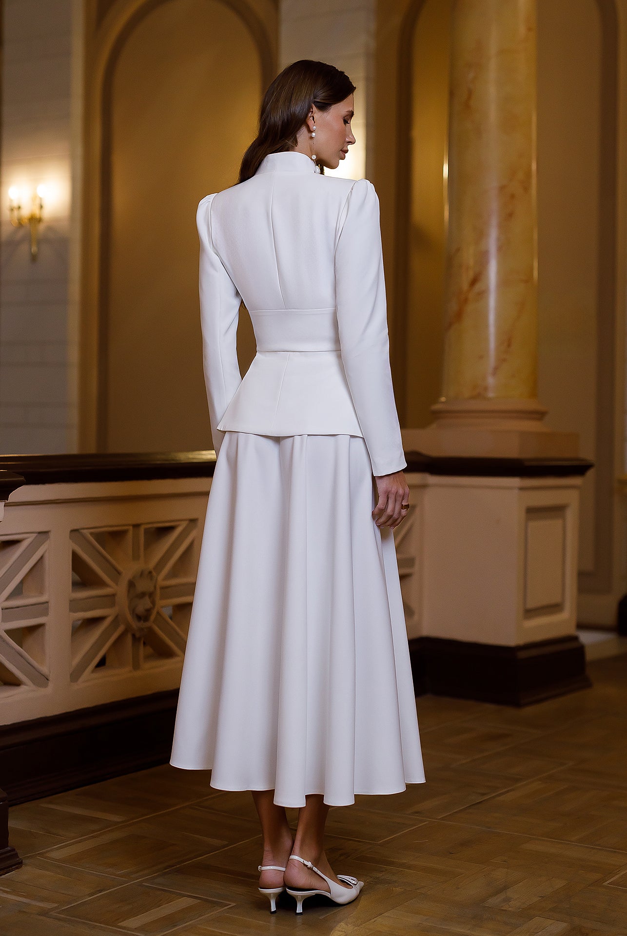 Stella White Collarless Jacket Midi Skirt Suit 2-Piece - side view | ELAGIA
