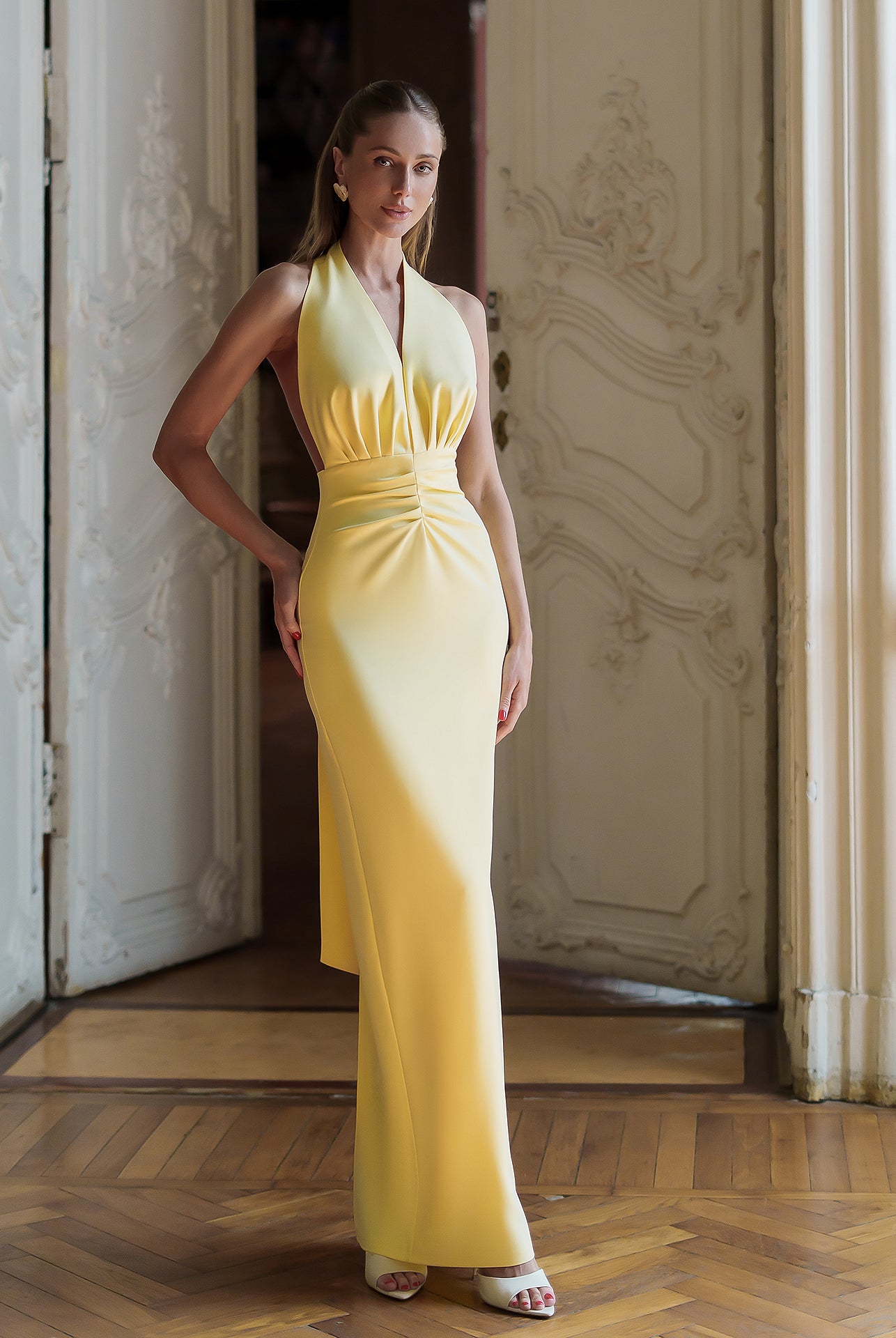 Stella Yellow Halter-Neck Backless Maxi Dress - front view | ELAGIA