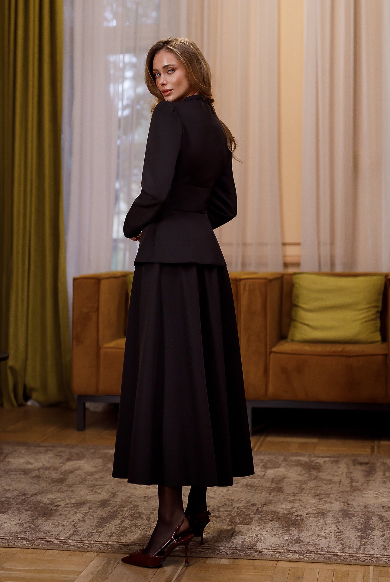 Stella Black Collarless Jacket Midi Skirt Suit 2-Piece - side view | ELAGIA