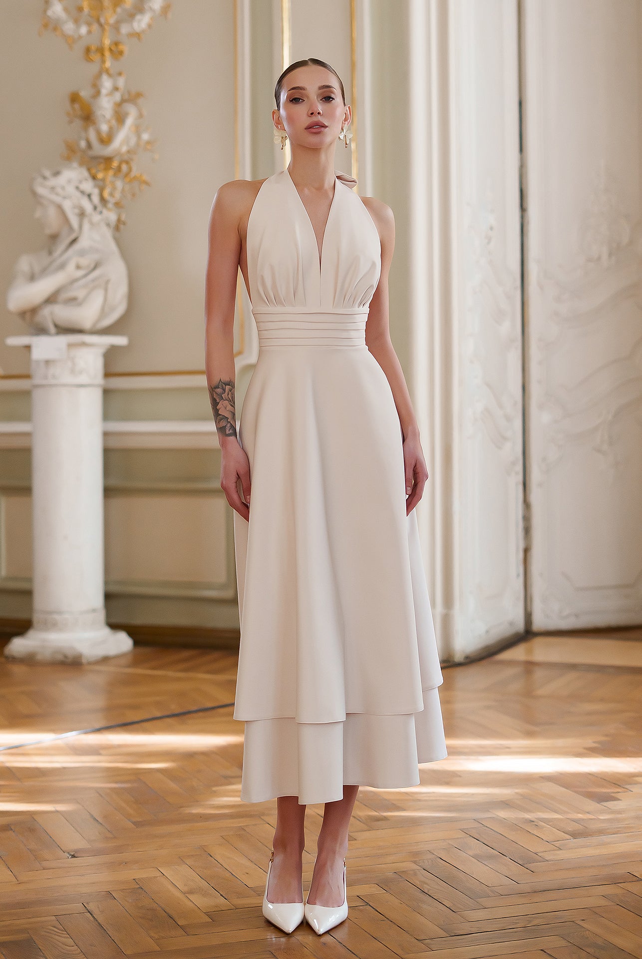 Gloria Beige Open-Back Halter-Neck Midi Dress - view 6 | ELAGIA