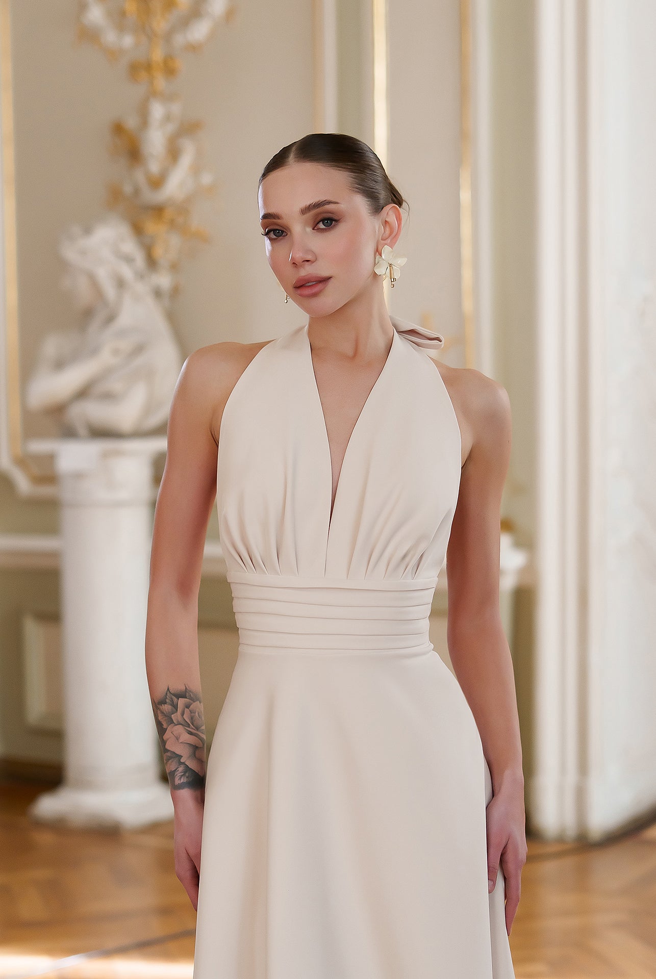Gloria Beige Open-Back Halter-Neck Midi Dress - view 8 | ELAGIA