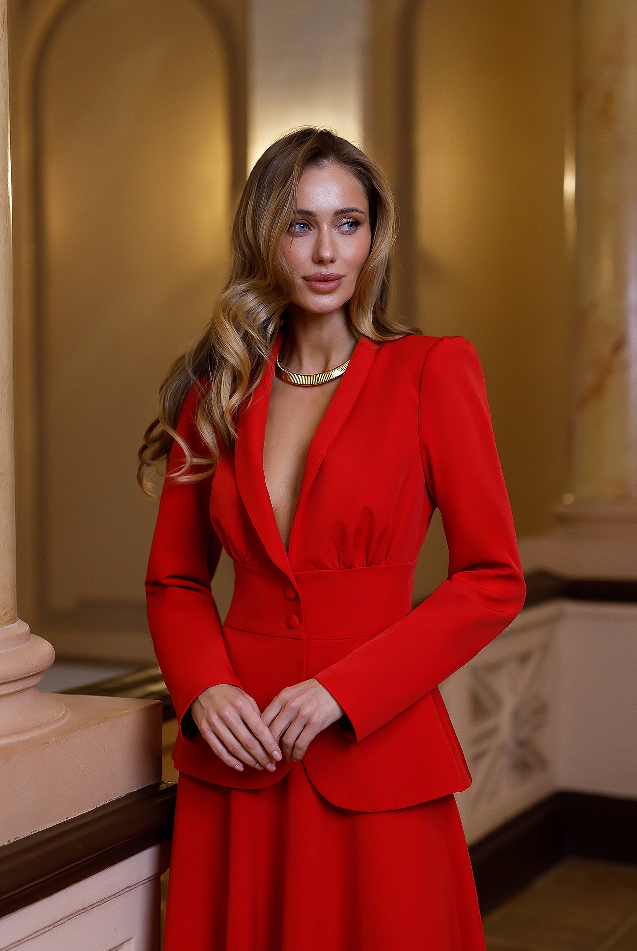 Stella Red Collarless Jacket Midi Skirt Suit 2-Piece - back view | ELAGIA