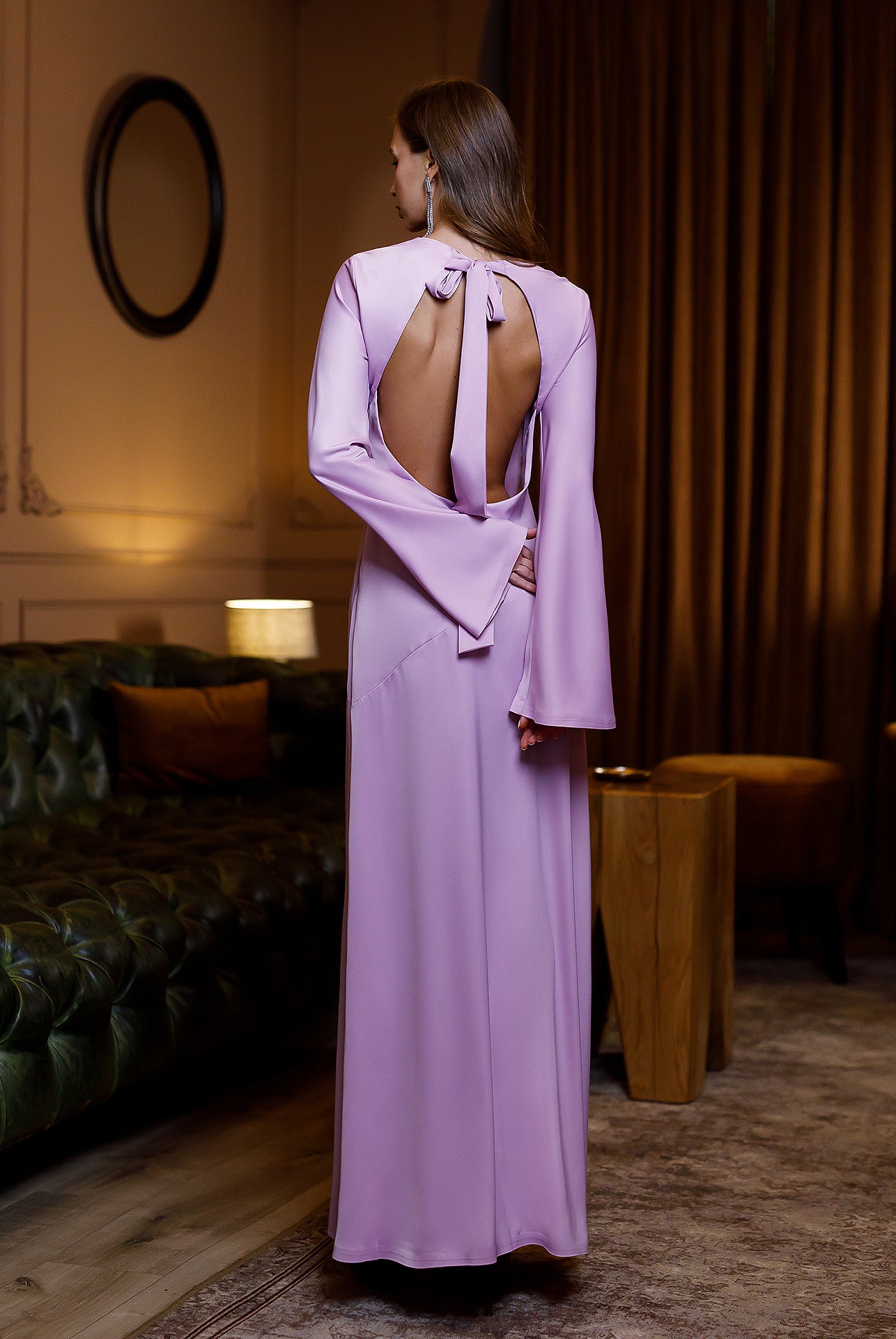Dusty Pink Satin Backless Maxi Dress - side view | ELAGIA