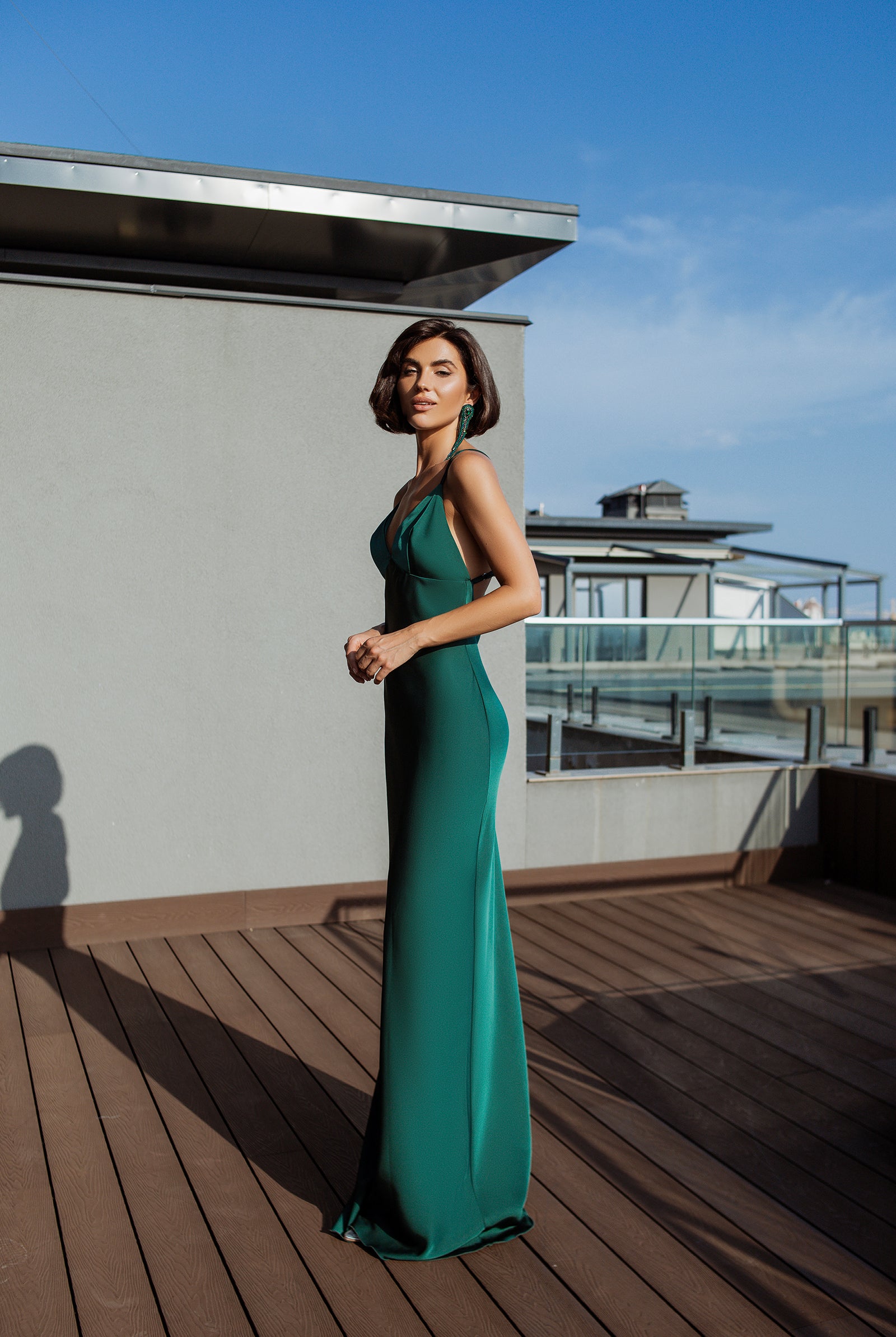 Liora Emerald Satin Open-Back Slip Maxi Dress - side view | ELAGIA