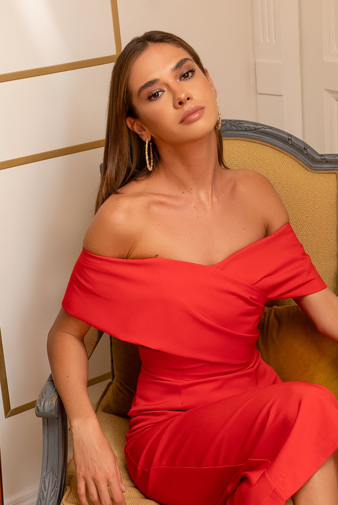 Alexa Red Off-The-Shoulder Midi Dress - back view | ELAGIA