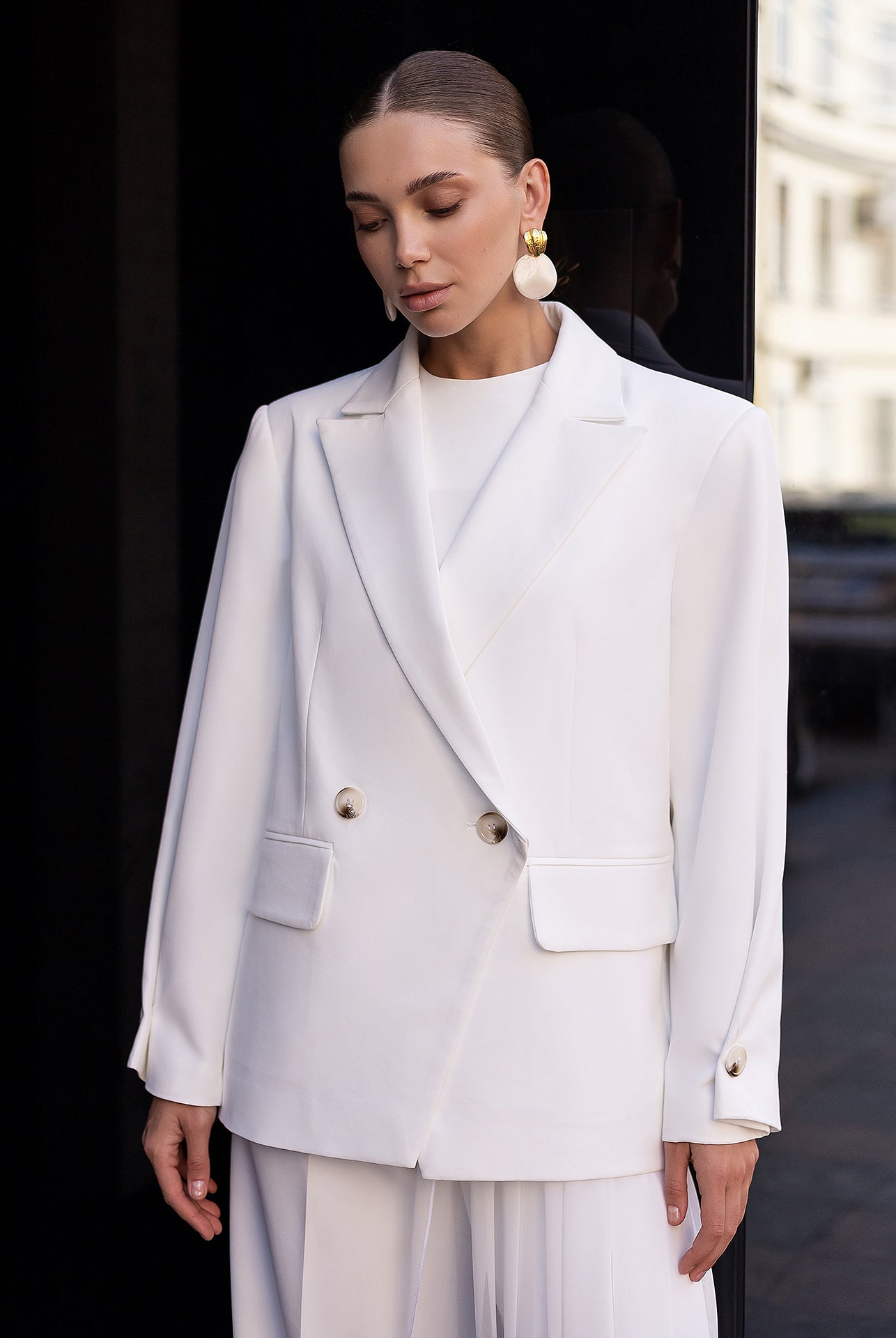 Bella White Oversized Double-Breasted Jacket - front view | ELAGIA