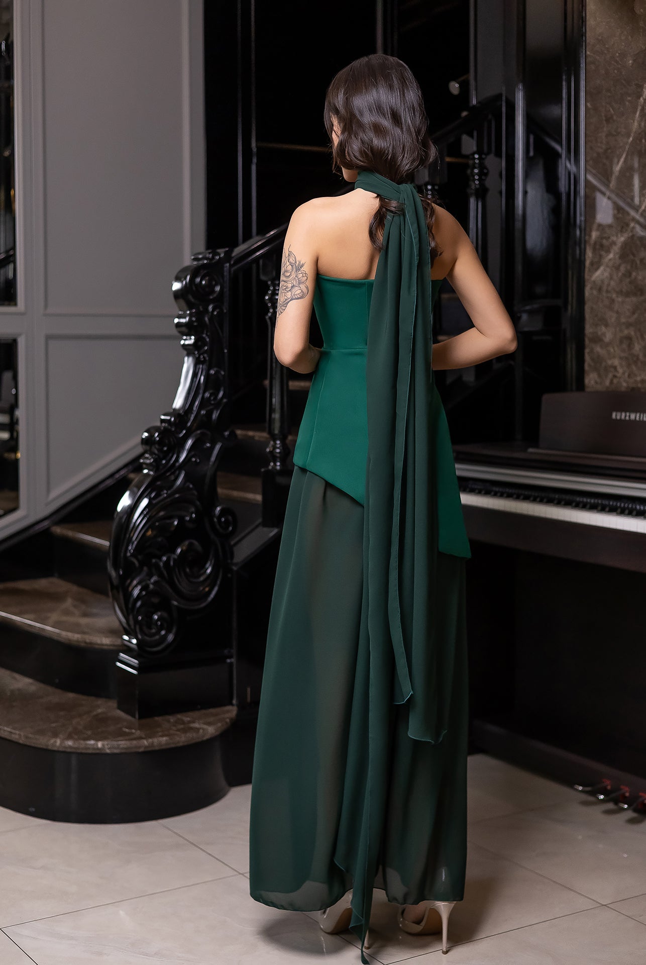 Green Strapless Back Scarf Overskirt Maxi Dress - side view | ELAGIA