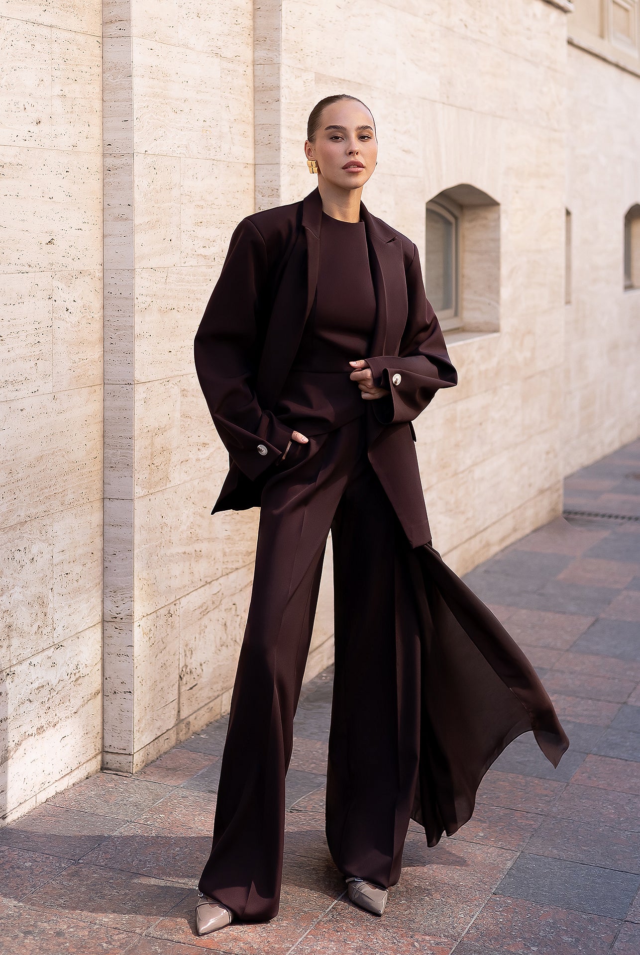 Bella Brown Oversized Double-Breasted Jacket - front view | ELAGIA