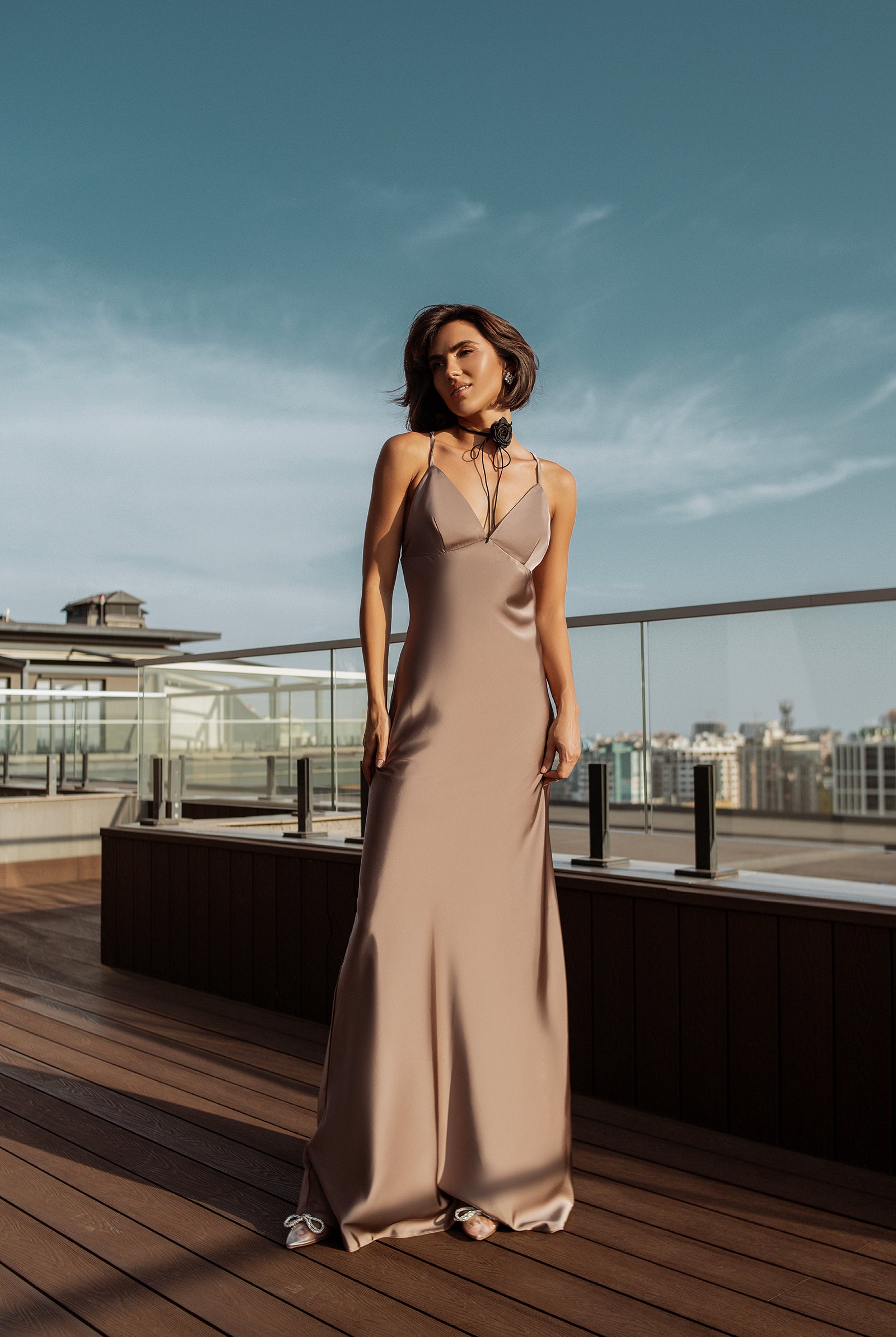 Liora Mocco Satin Open-Back Slip Maxi Dress - front view | ELAGIA