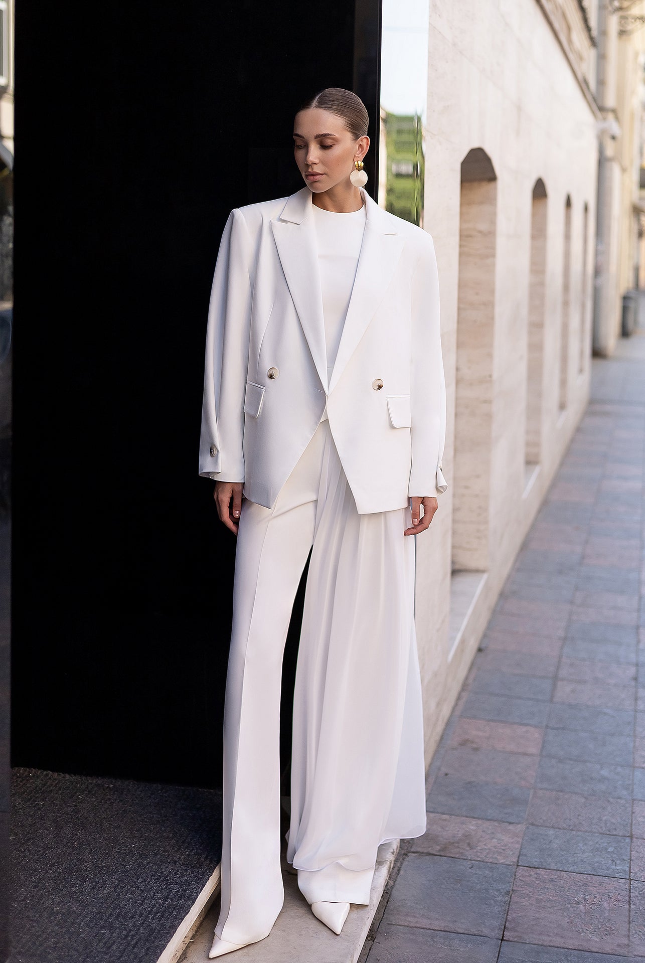 Bella White Oversized Double-Breasted Jacket - side view | ELAGIA