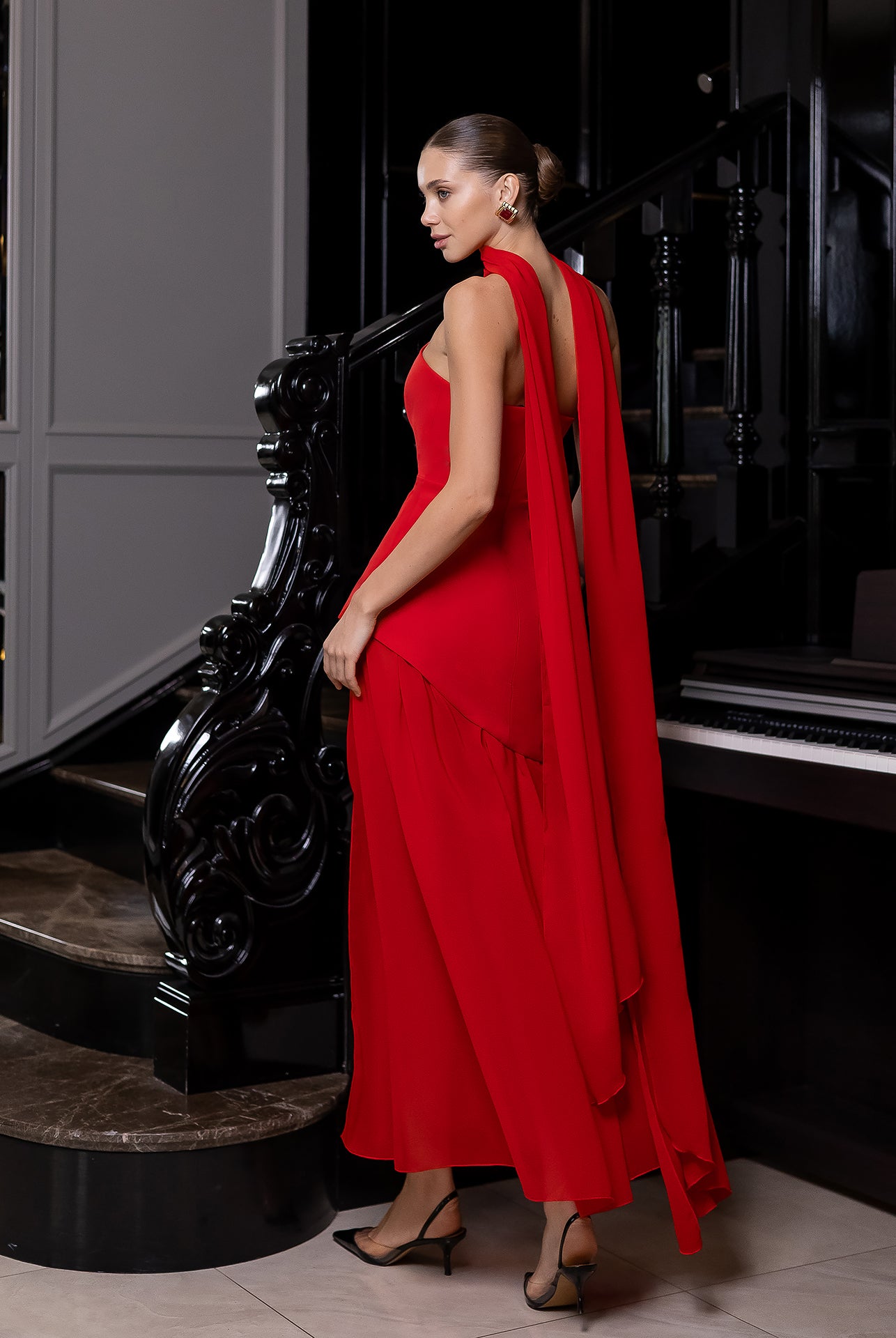 Red Strapless Back Scarf Overskirt Maxi Dress - side view | ELAGIA