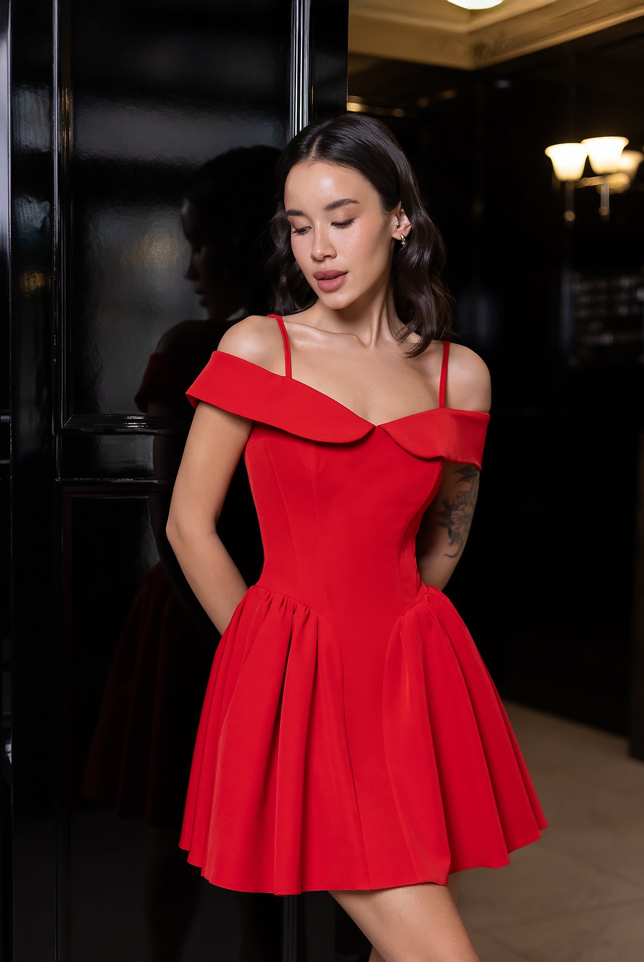Red Off-The-Shoulder Mini Dress - view 10 | ELAGIA
