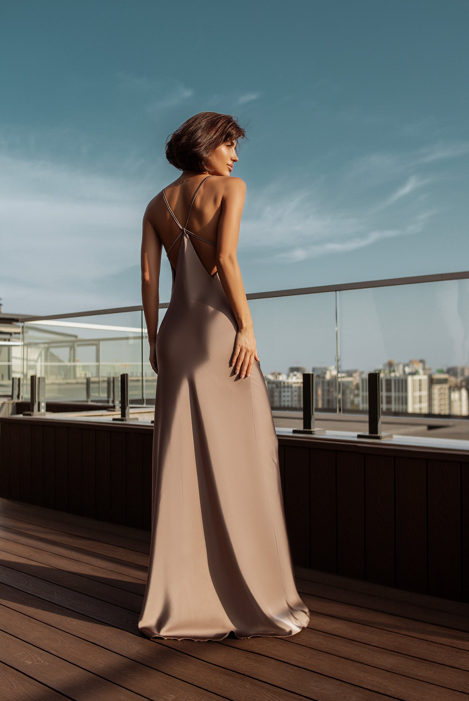 Liora Mocco Satin Open-Back Slip Maxi Dress - back view | ELAGIA