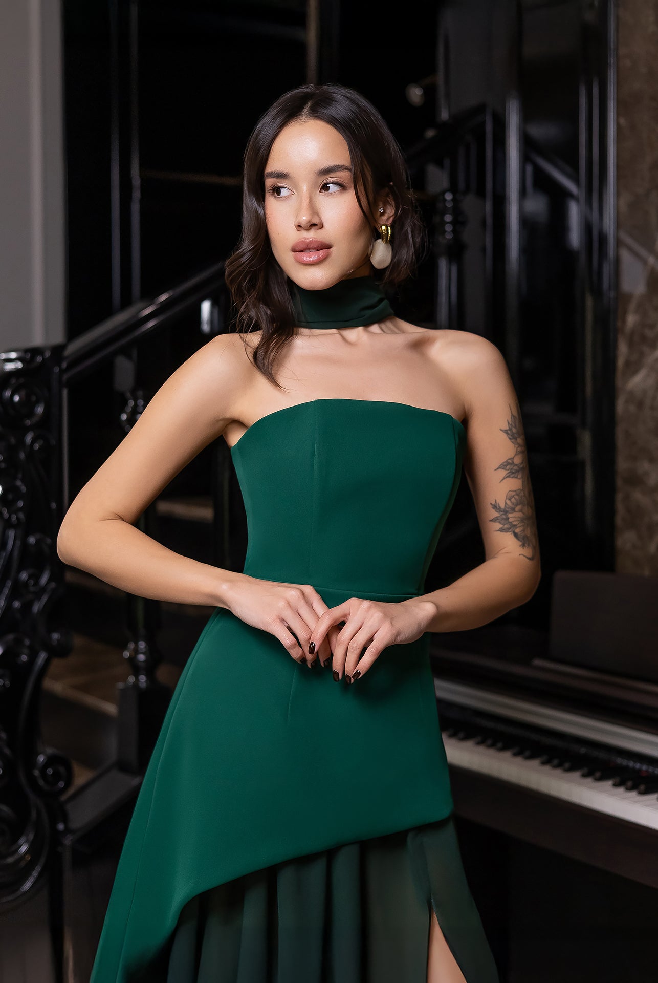 Green Strapless Back Scarf Overskirt Maxi Dress - back view | ELAGIA