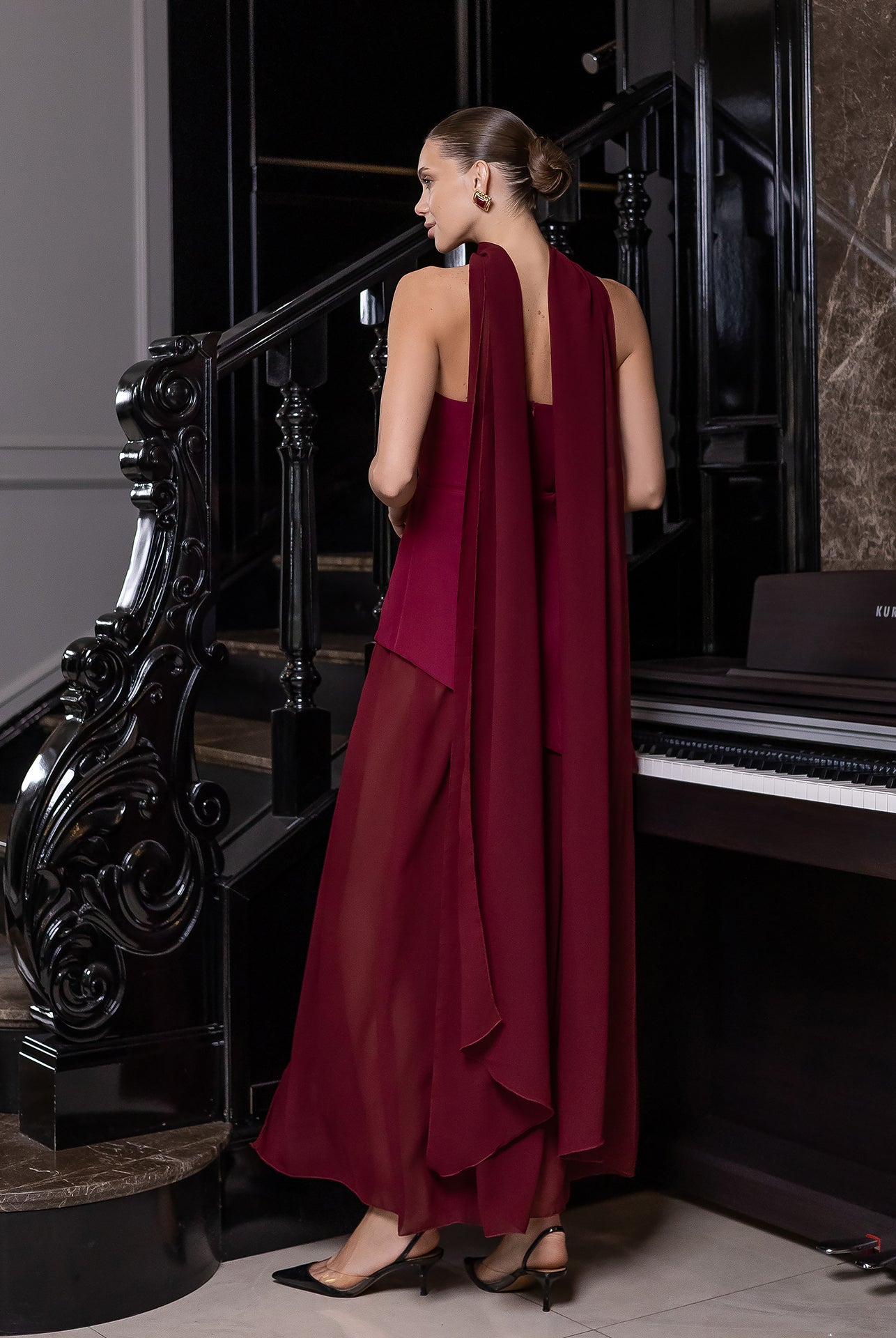Bordeaux Strapless Back Scarf Overskirt Maxi Dress - side view | ELAGIA