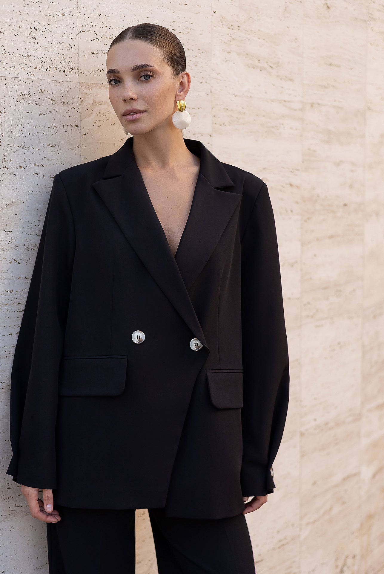 Bella Black Oversized Double-Breasted Jacket - side view | ELAGIA