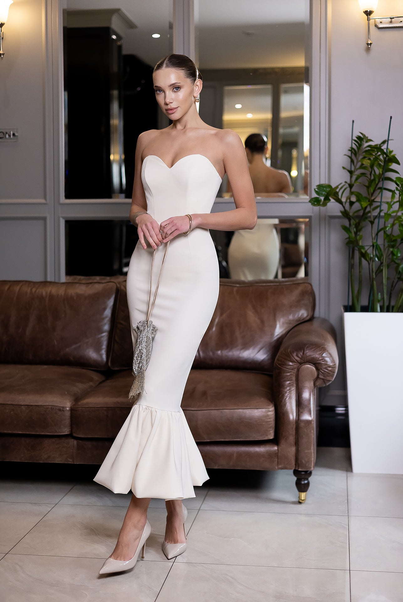 Bella Beige Strapless Ruffled-Hem Mermaid Midi Dress - front view | ELAGIA