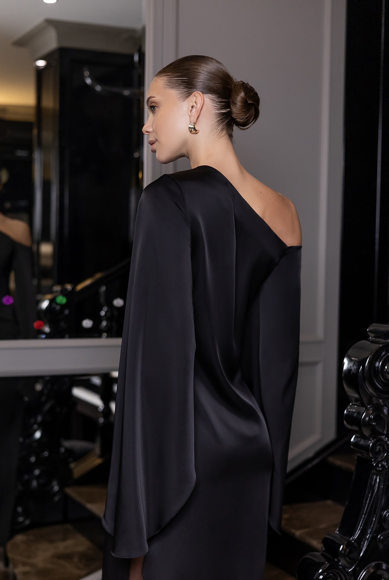 Celeste Black Satin Asymmetric One-Shoulder Midi Dress - view 6 | ELAGIA