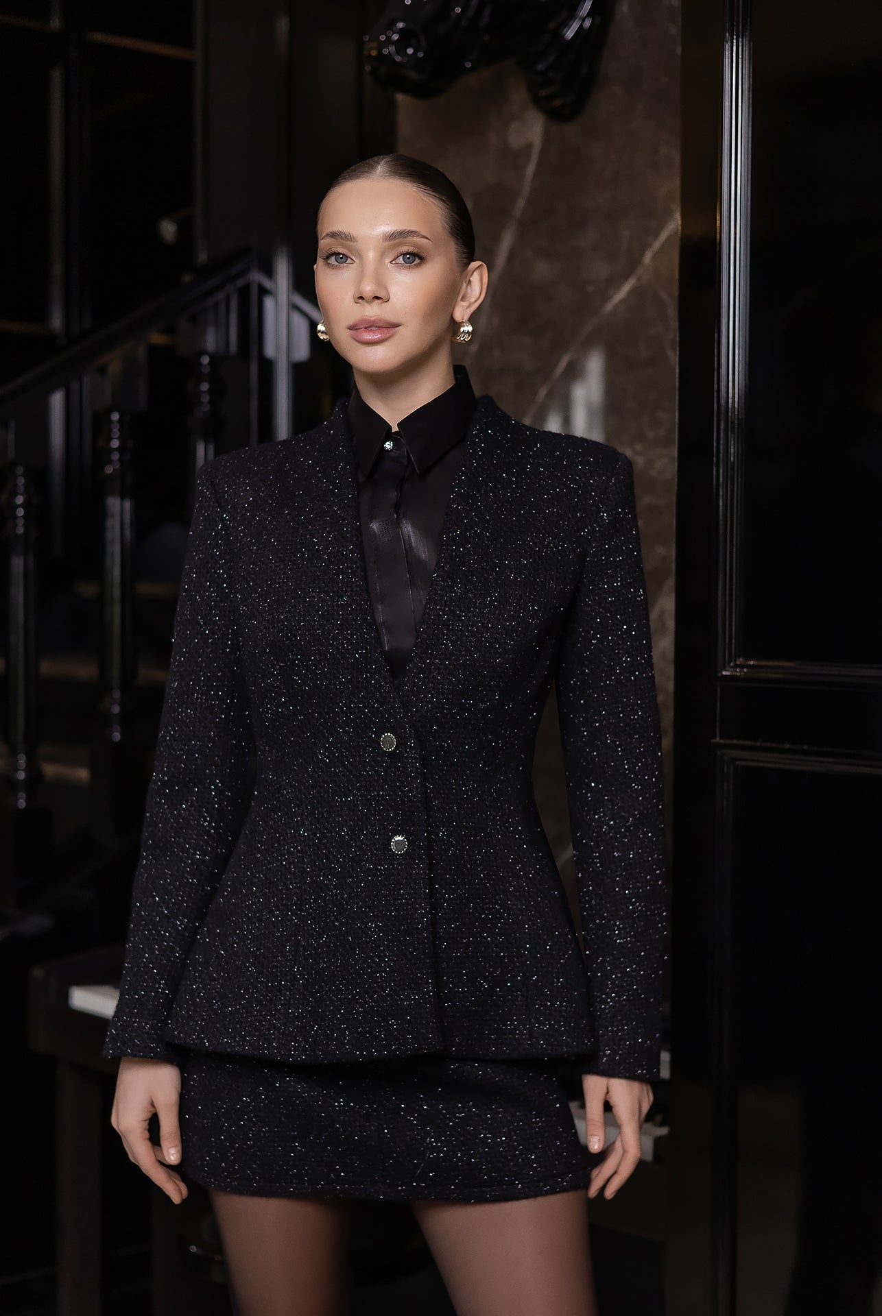 Serena Black Tweed Peplum Blazer & Mini Skirt Suit 2-Piece - side view | ELAGIA