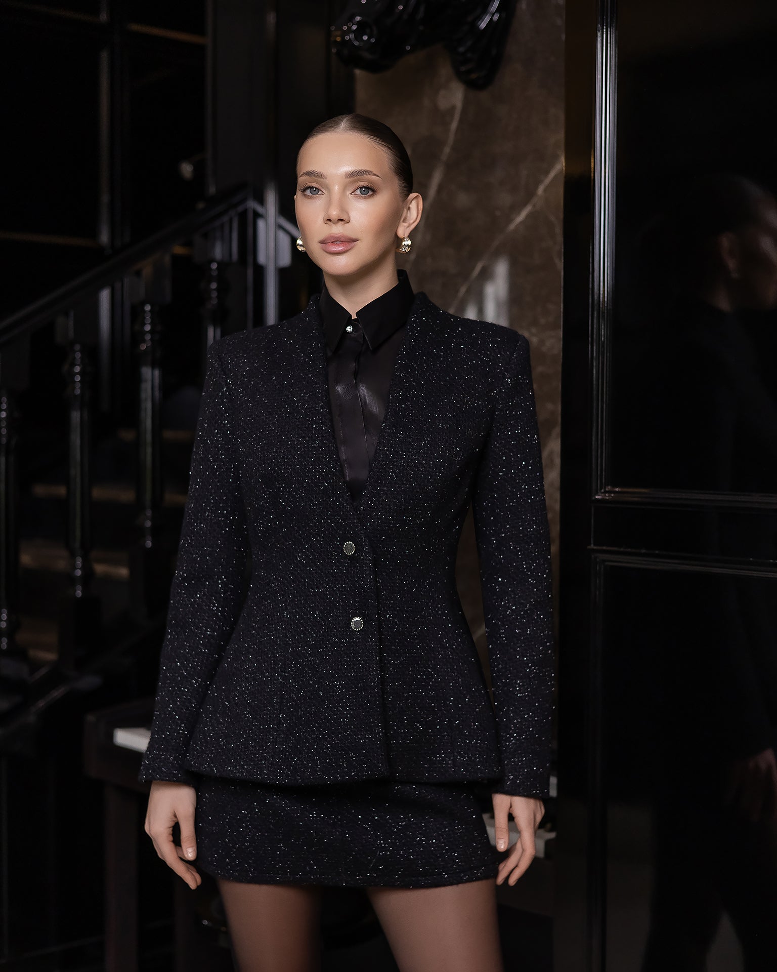 Serena Black Tweed Peplum Blazer & Mini Skirt Suit 2-Piece - side view | ELAGIA