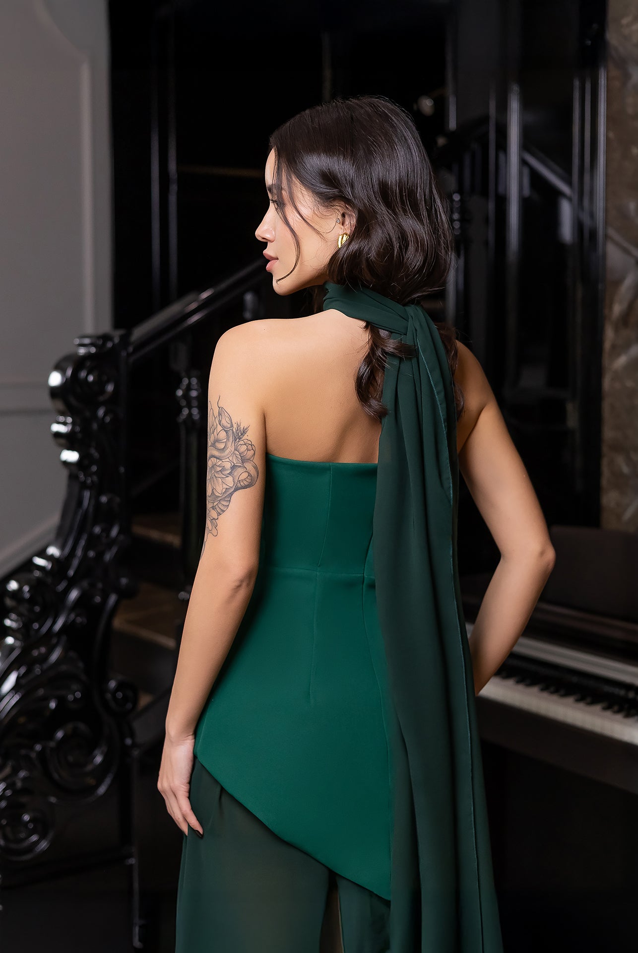 Green Strapless Back Scarf Overskirt Maxi Dress - styled look | ELAGIA